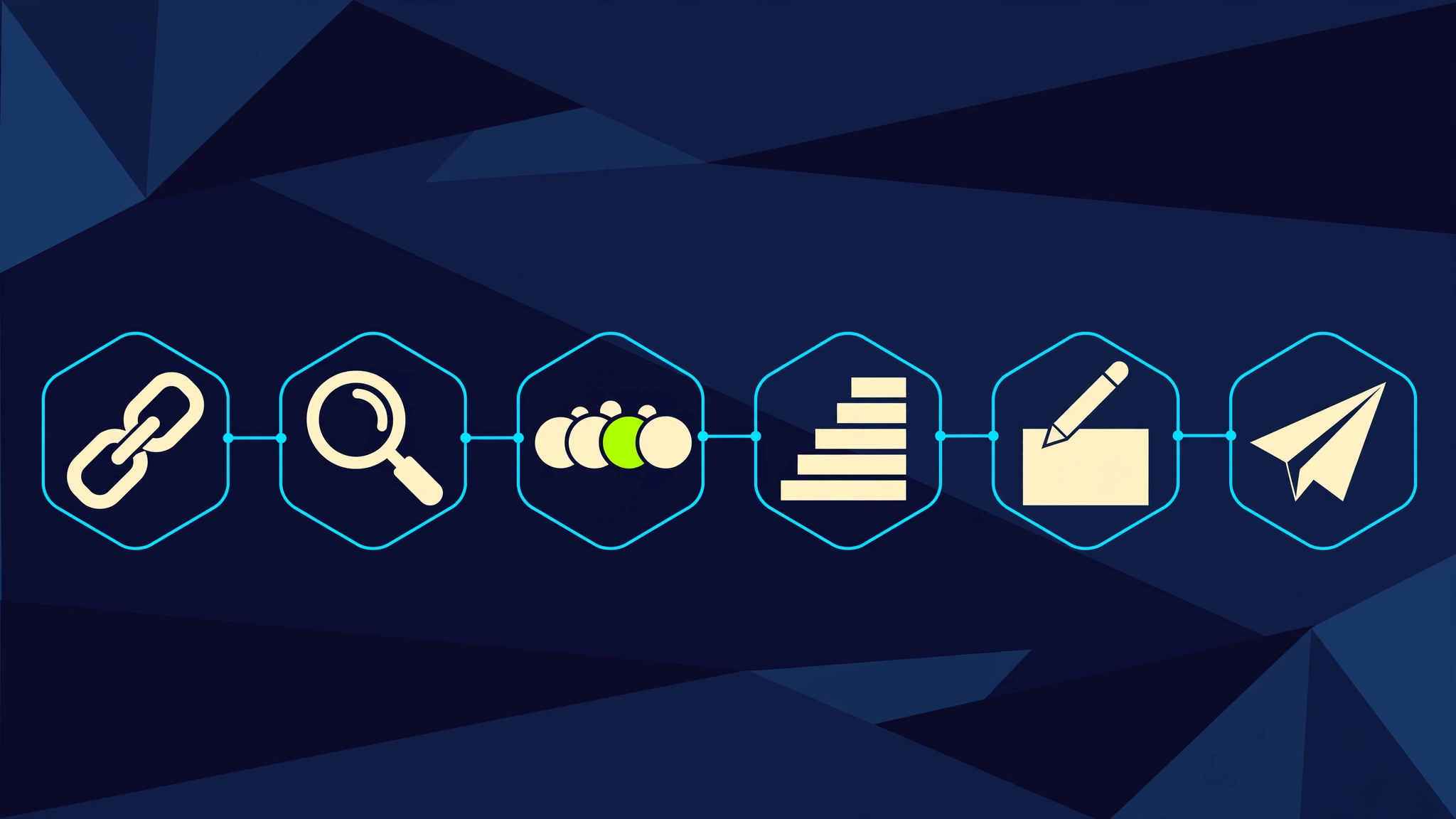 Conceptual illustration of a six-stage pipeline from an offer link to a scan, a ranked list, a draft reply and a posted reply, on a midnight navy background