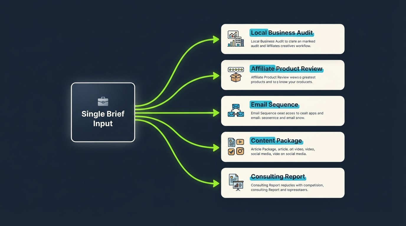 ProsperaBuilder AI business workflow turning one brief into marketing audit affiliate review email content consulting report