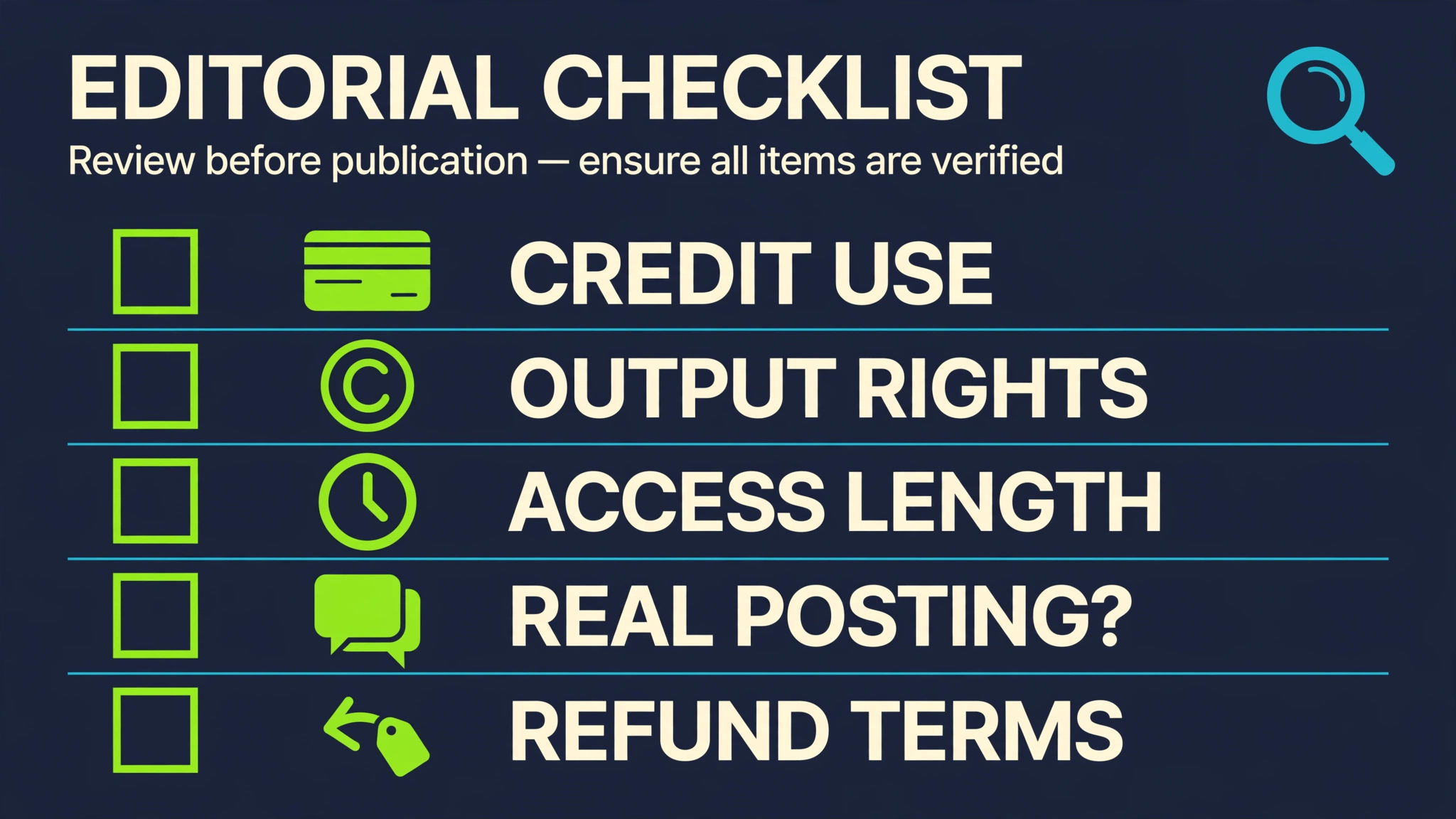 Buyer due diligence checklist covering credit use, output rights, access length, real posting, and refund terms