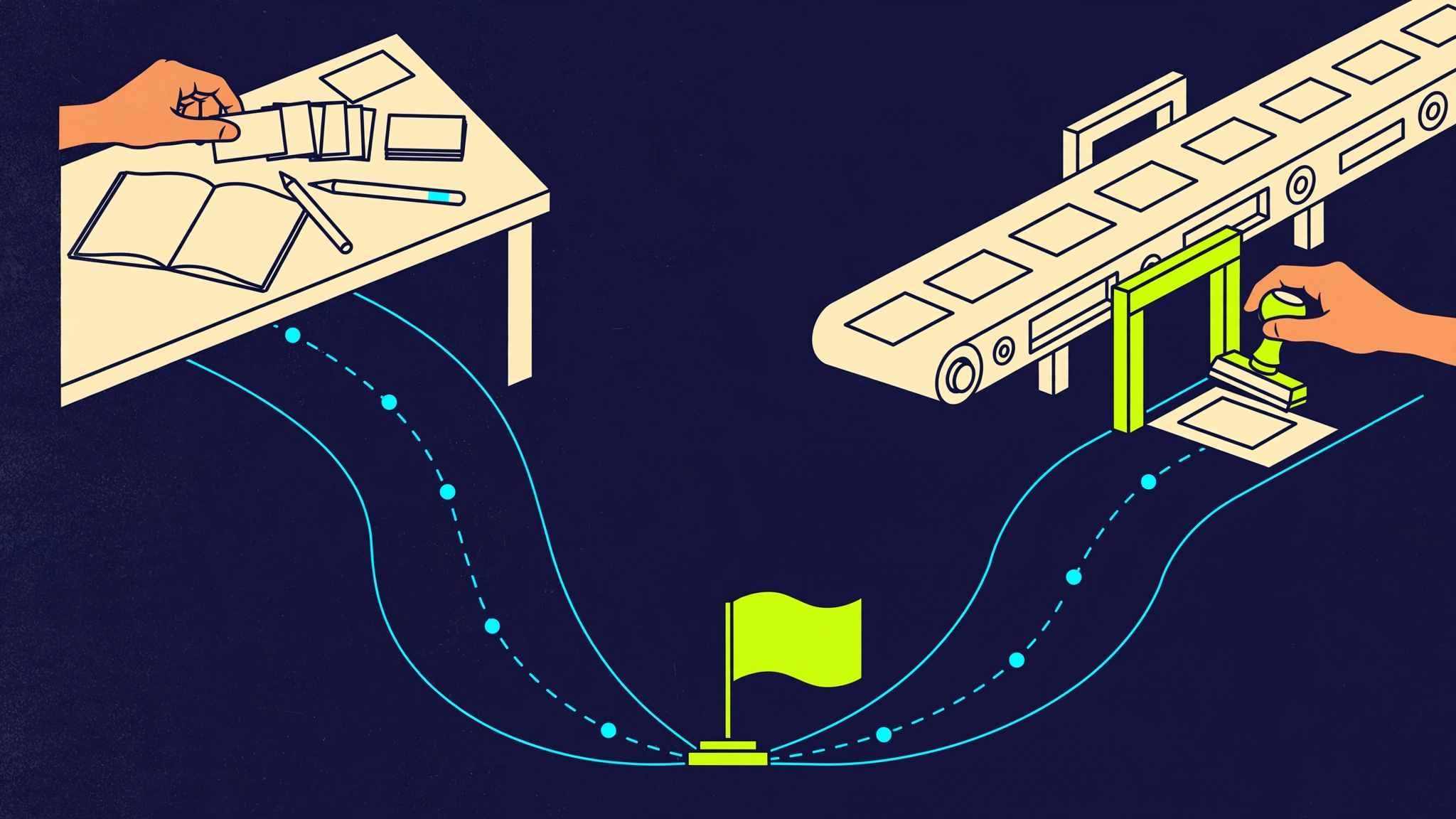 Editorial illustration of two routes to the same finish flag: a manual workbench with notebook and paper cards, and an automated conveyor with a human hand stamping approval at a checkpoint