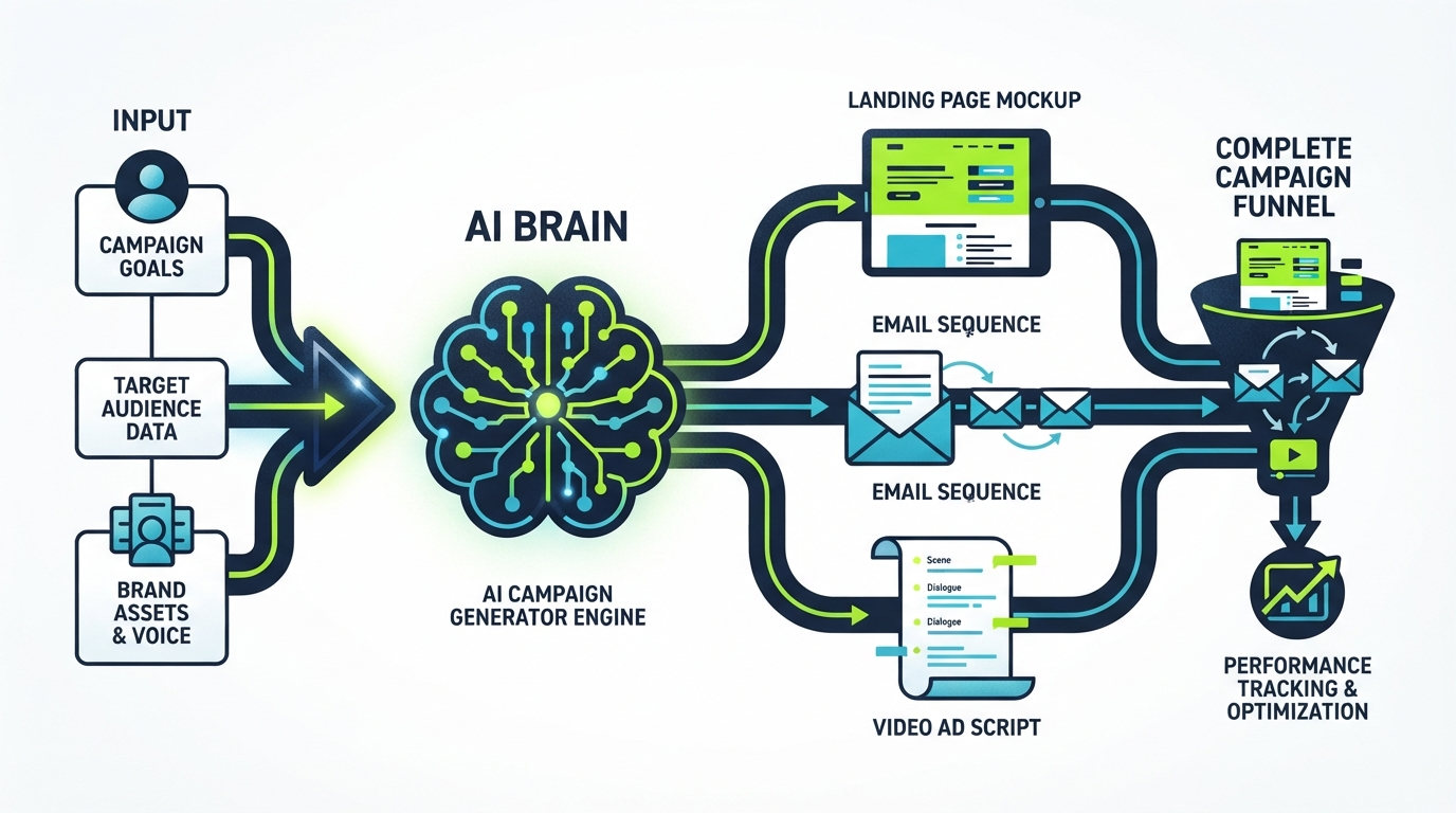 Super Affiliate AI campaign builder workflow generating landing pages emails and ads