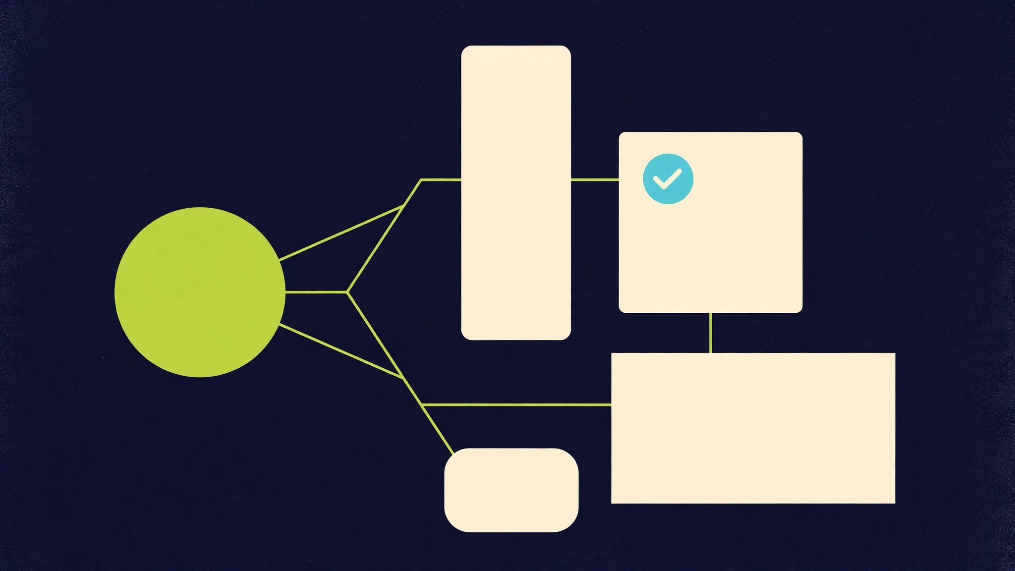 Editorial illustration of one lime circle branching into four blank ivory cards of different shapes on a midnight navy background
