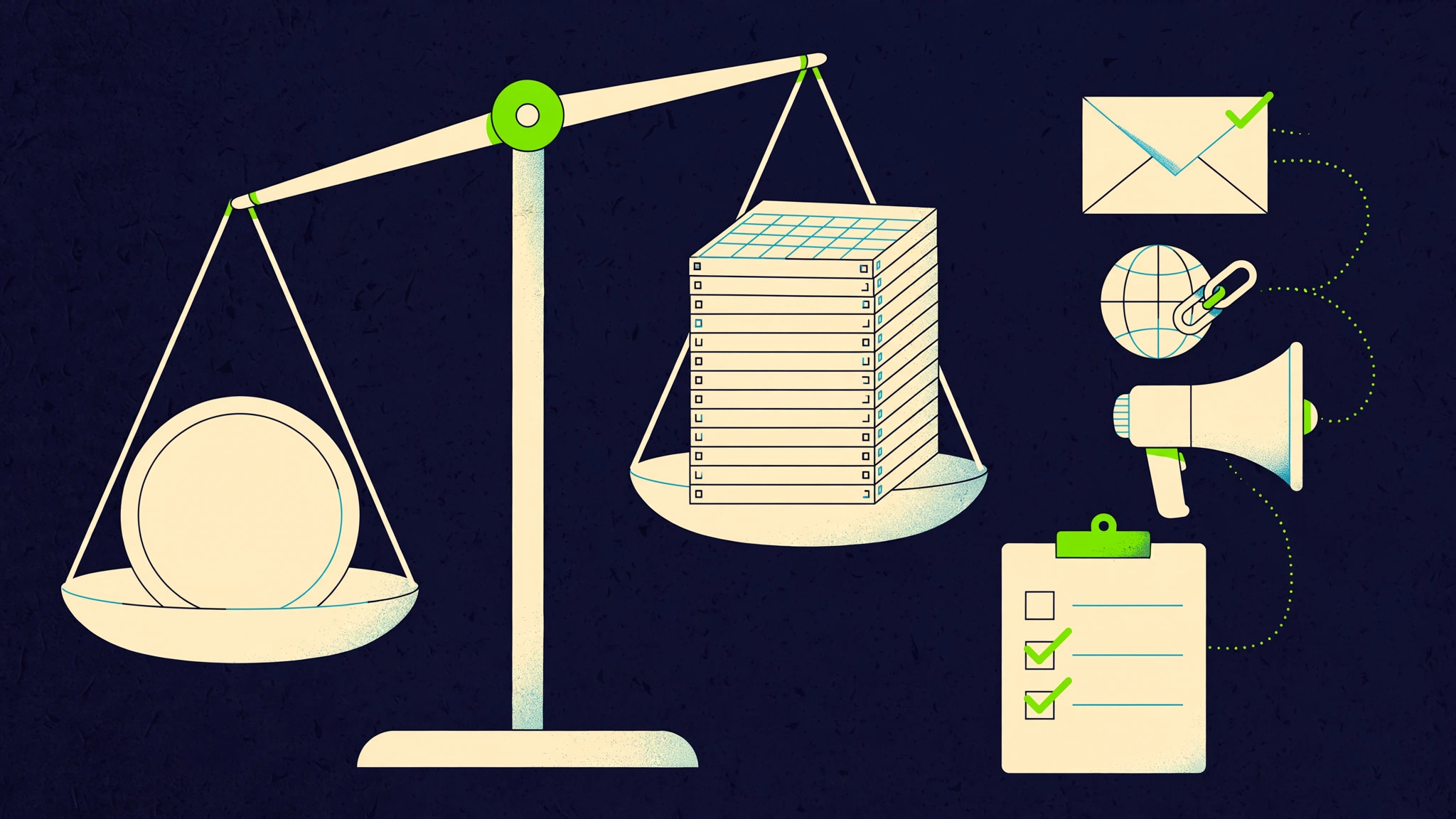 Editorial illustration of a balance scale weighing a single large coin against a tall stack of calendar tiles, beside add-on icons for email, domain links and ads connected to a checklist