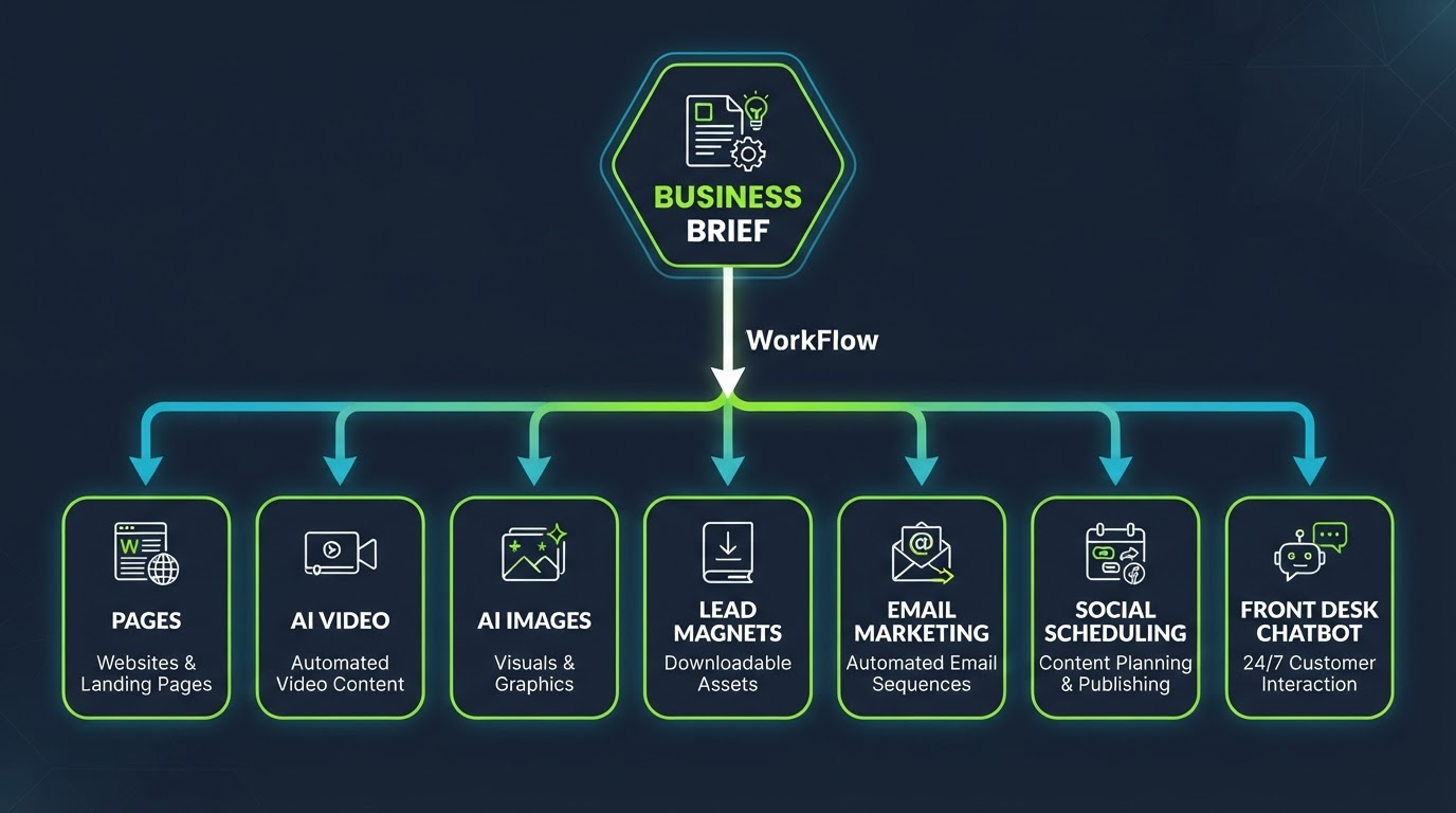 Done On Command workflow from brief to pages video email social lead magnet chatbot