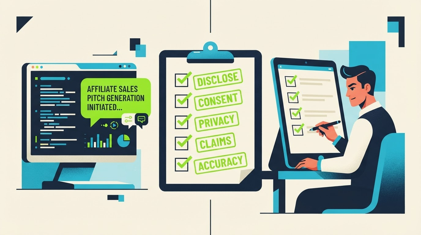 Human review checklist for AI affiliate copy covering disclosure, consent, privacy, claims, and offer accuracy