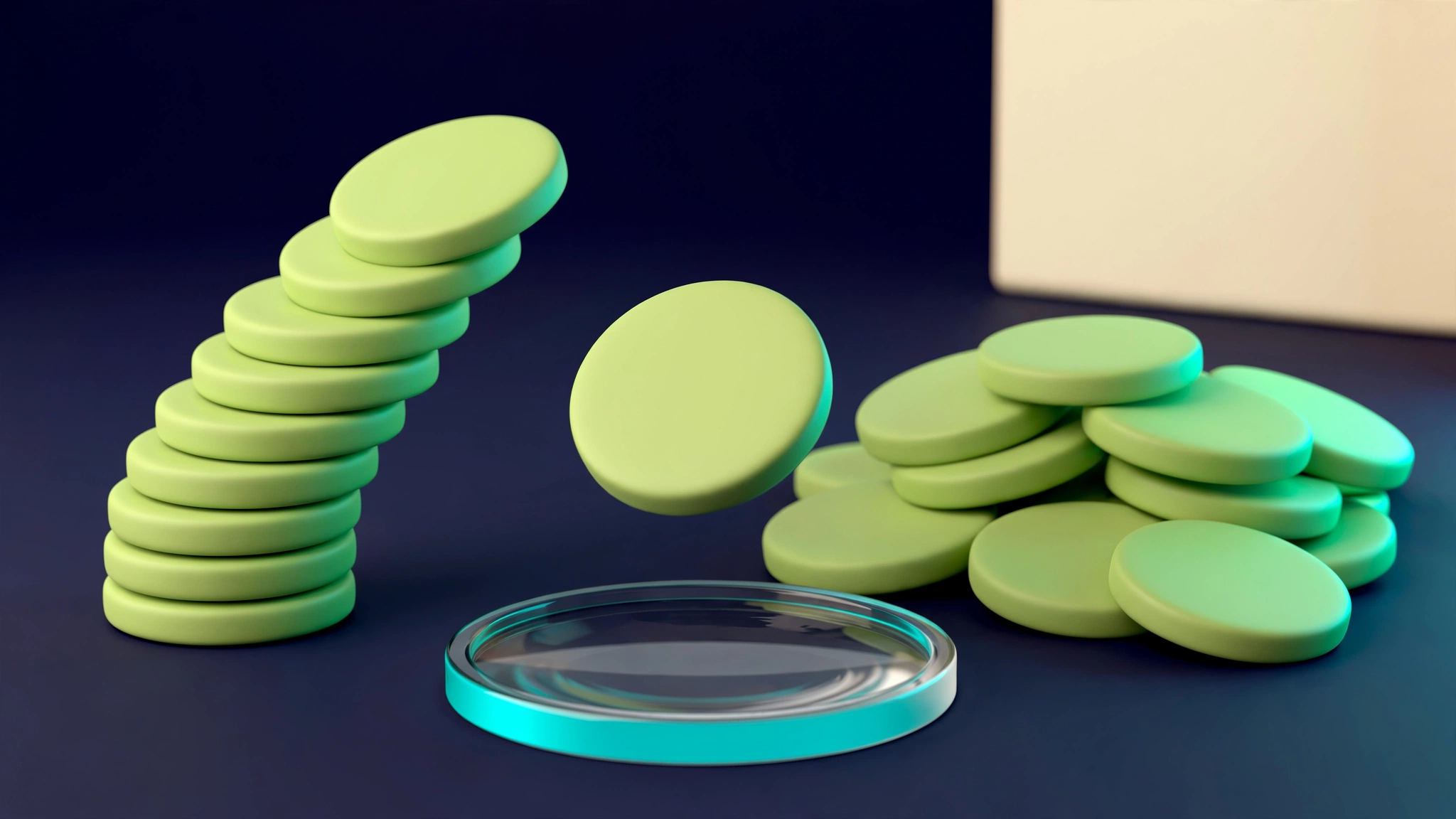 Conceptual 3D render of acid-lime tokens in a stack and a pile beside a glass lens with one token hovering above it, illustrating a monthly credit allowance