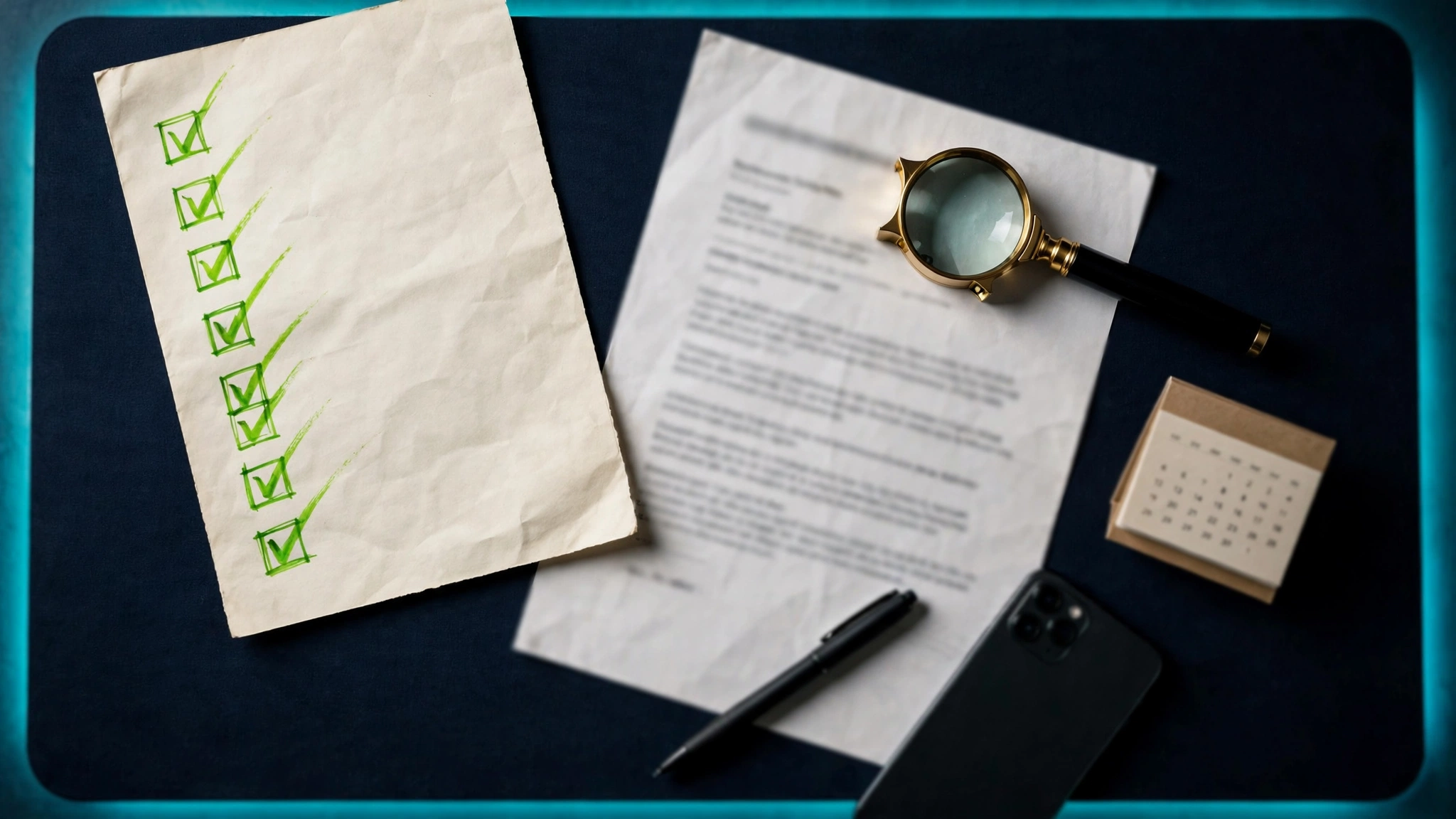 Overhead desk scene with a handwritten checklist with lime check marks, a magnifying glass over a contract, a desk calendar, pen and phone