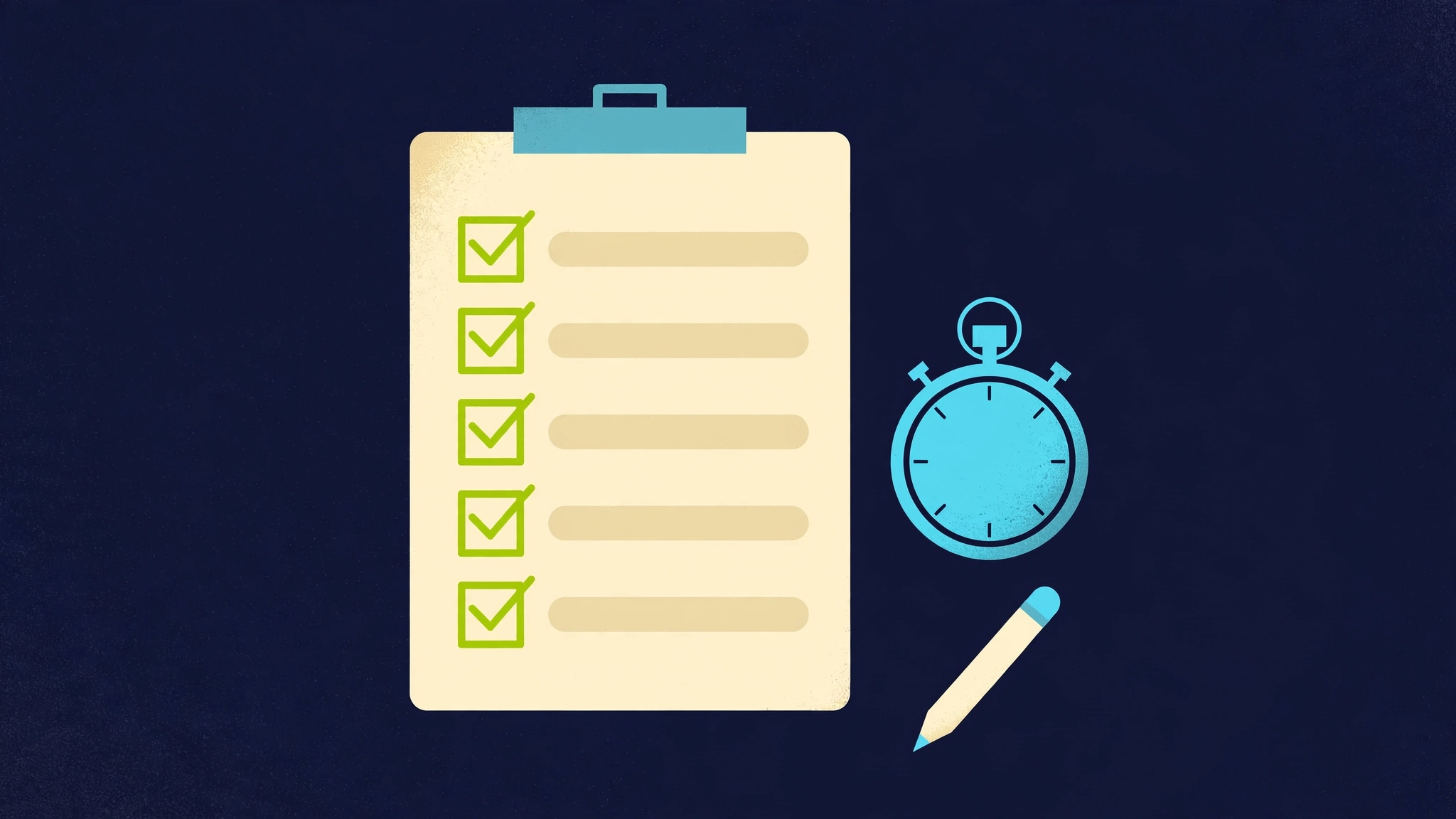 Conceptual illustration of an ivory clipboard checklist with lime checkboxes and a cyan stopwatch on a midnight navy background
