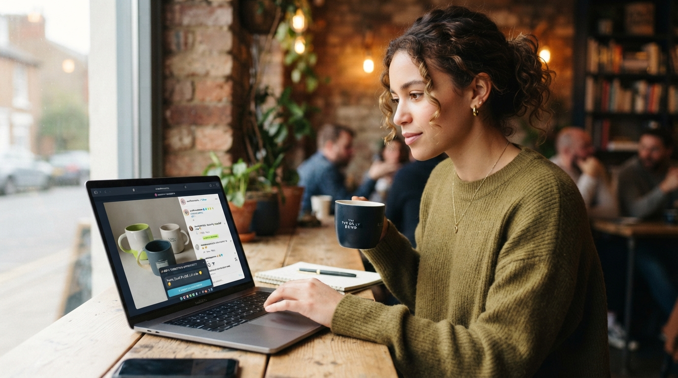 Small business owner reviewing AI-assisted Instagram comments with human approval layer