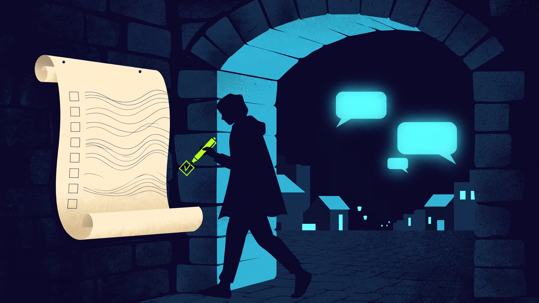 Conceptual illustration of a person reading a rules scroll with checkboxes beside a stone gateway before entering a square with glowing speech bubbles