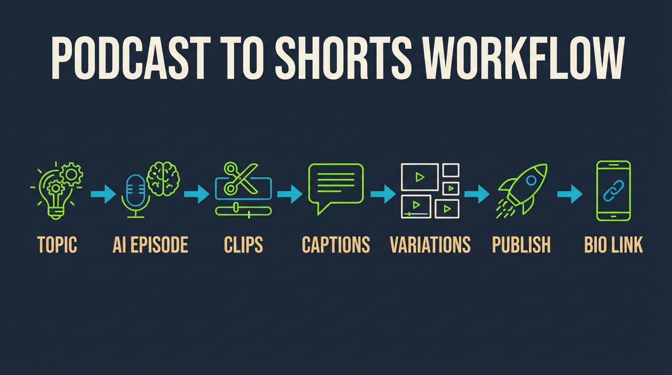 PodShorts workflow from topic to AI episode, clips, captions, variations, publishing, and tracked bio link