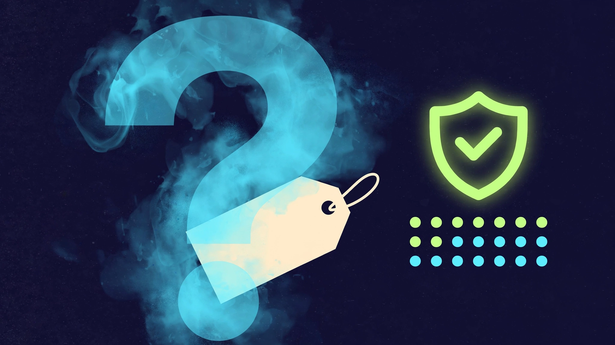 Conceptual illustration of a blank ivory price tag partly hidden behind cyan fog next to a lime shield with a checkmark and a grid of dots representing a 14-day window