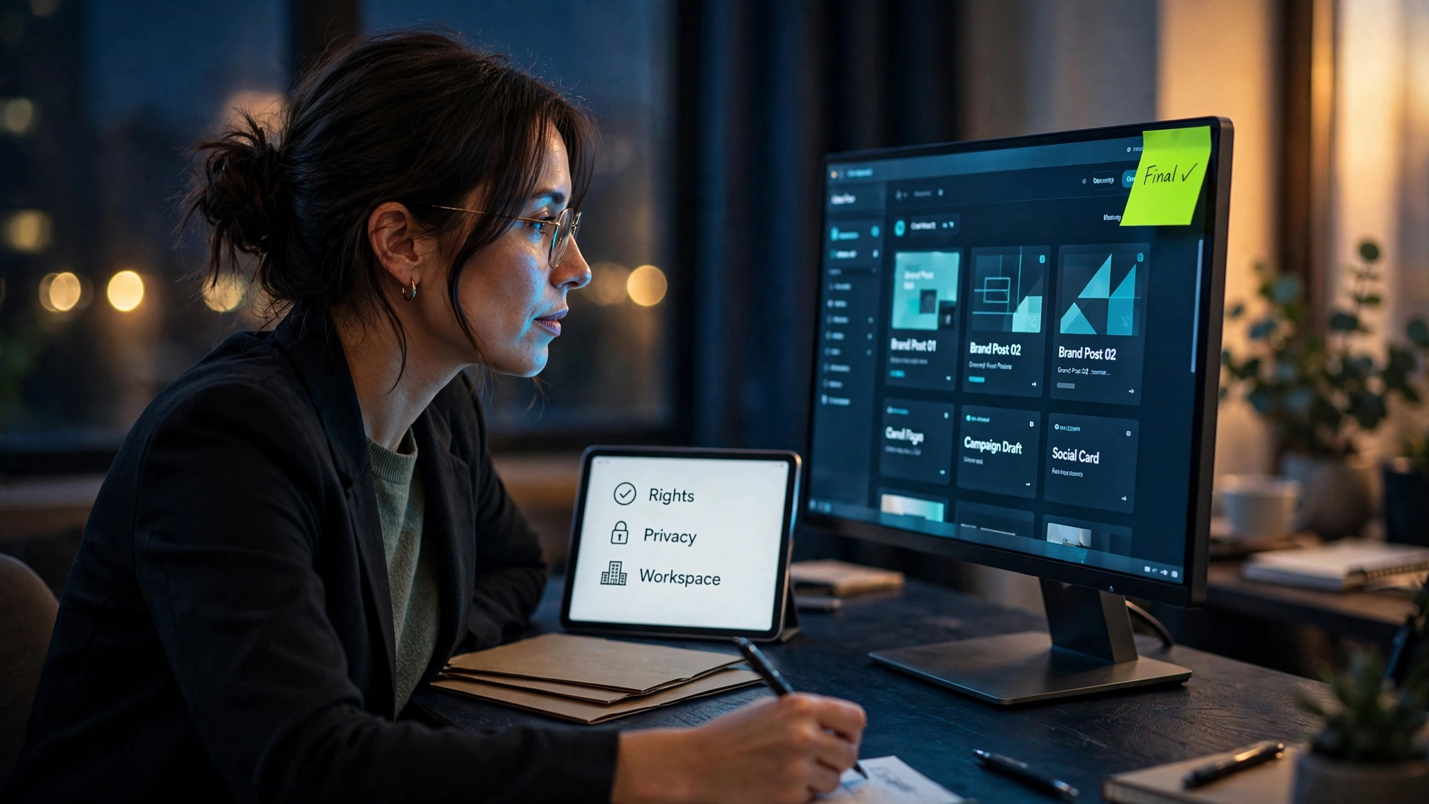 Consultant reviewing client content packages with rights, privacy, and workspace checkpoints
