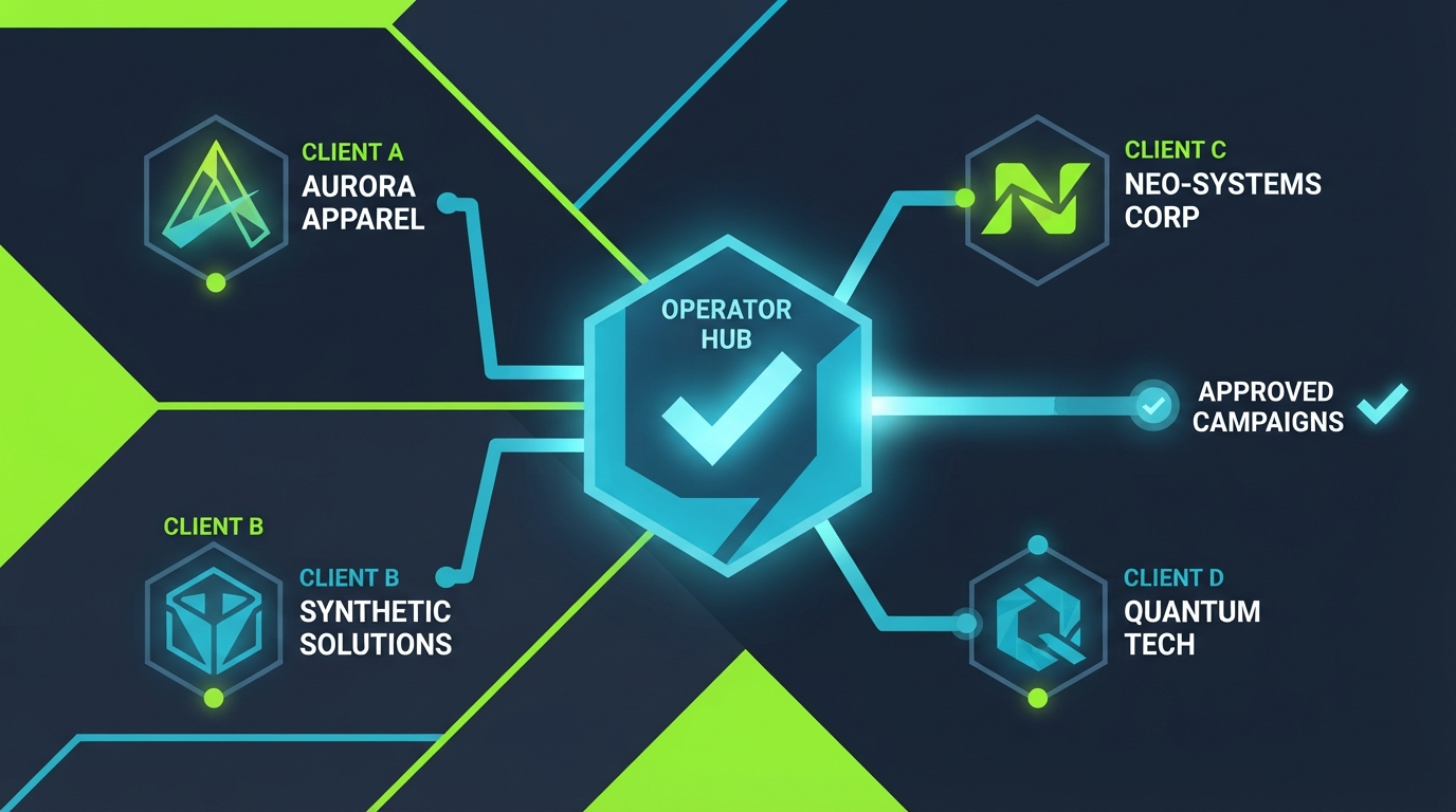 One operator managing multiple client brands with approval gate