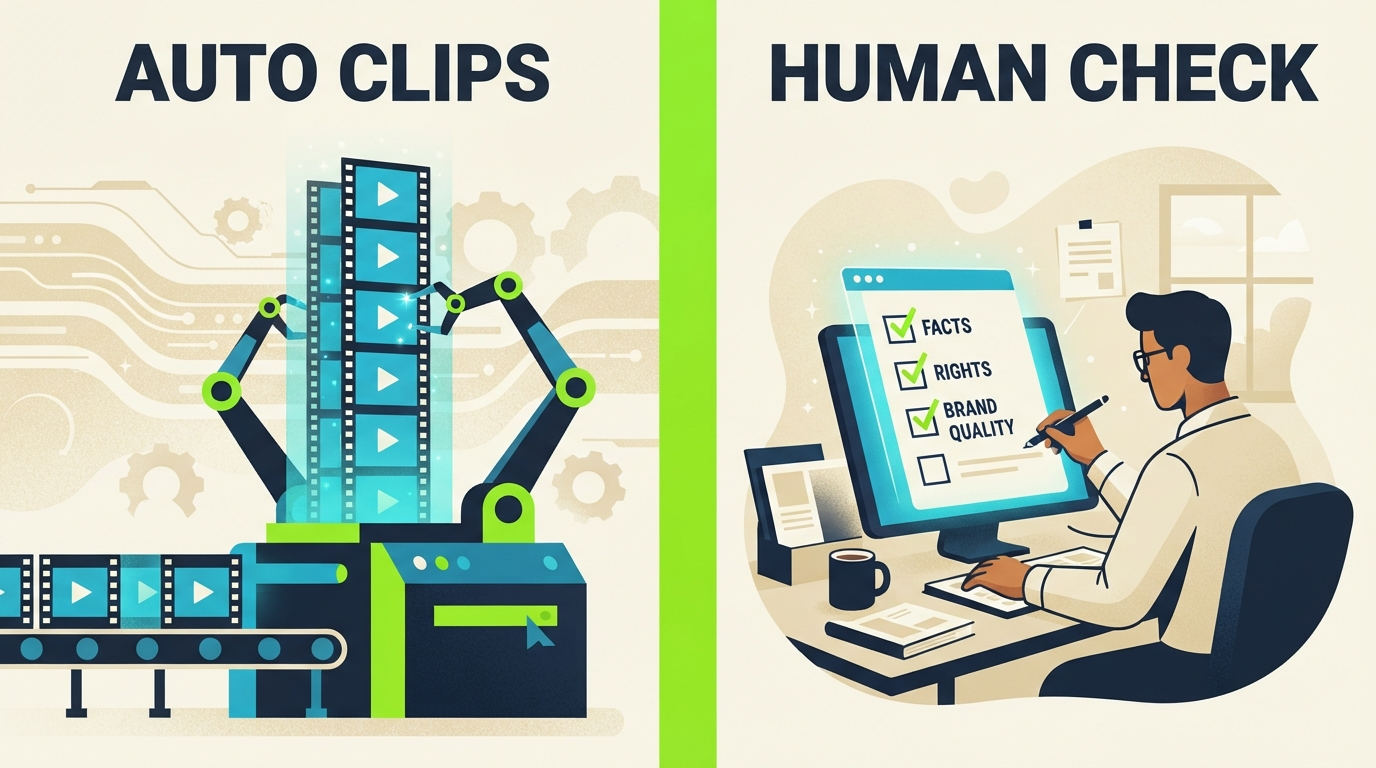 Side-by-side comparison of automated PodShorts clip creation and human fact, rights, and brand quality checks