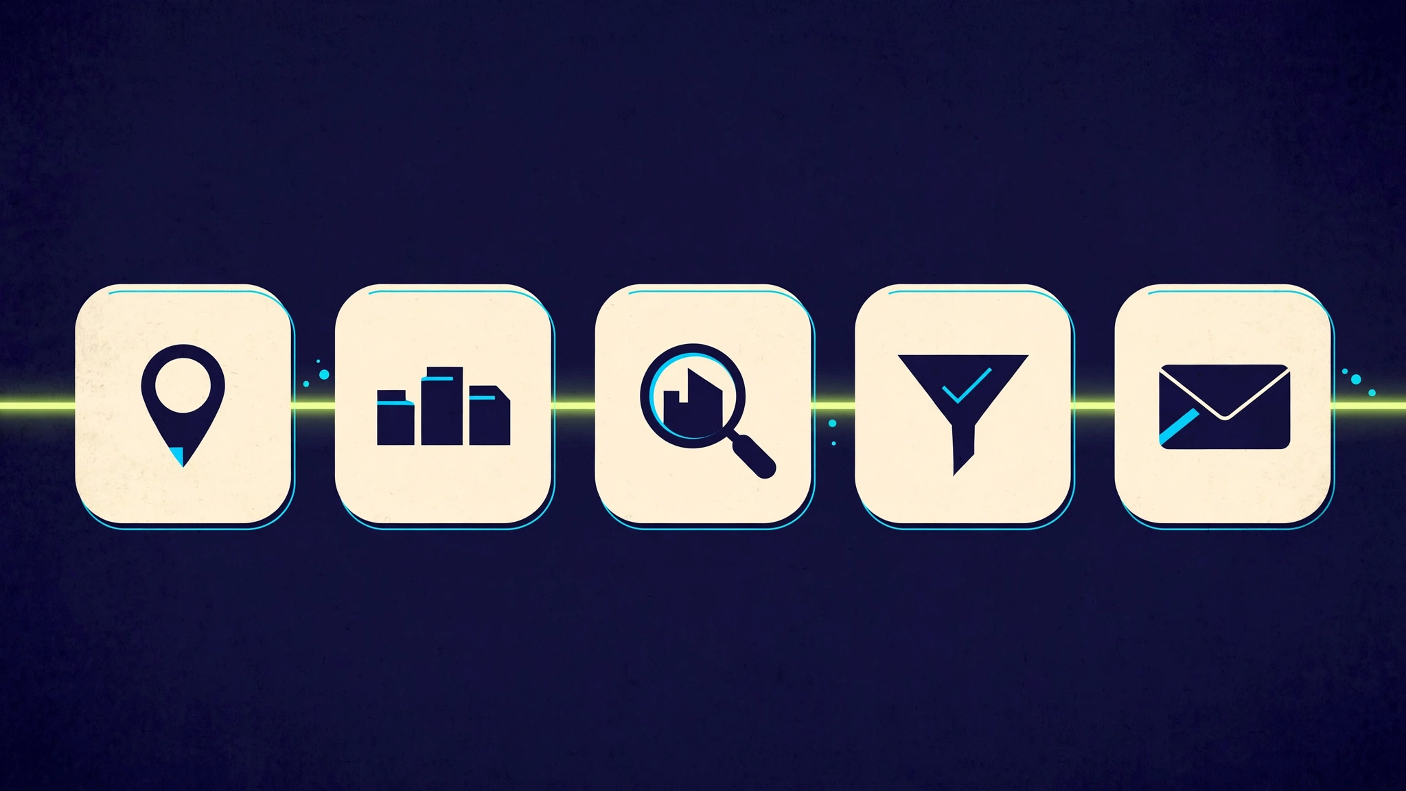 Conceptual illustration of a five-stage prospecting pipeline shown as ivory tiles with a map pin, buildings, a magnifying lens, a funnel and an envelope on a midnight navy background