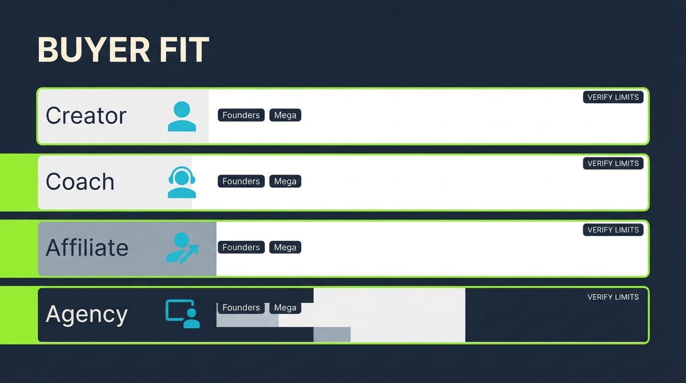 Buyer-fit lanes for creators, coaches, affiliate marketers, and agencies with Founders and Mega credit tiers and verify-limits callouts
