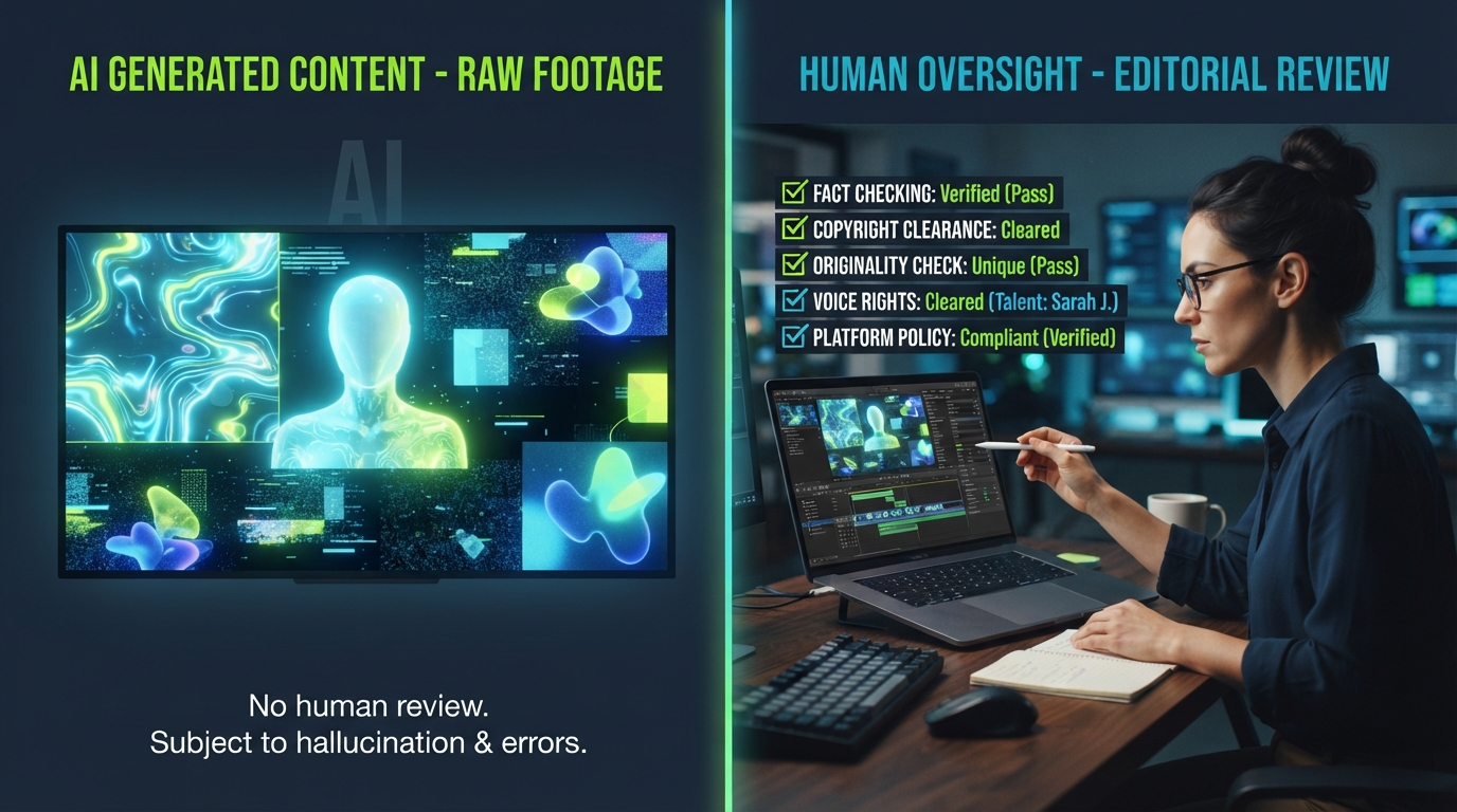 Quality control split screen AI video versus human fact-checking and copyright review