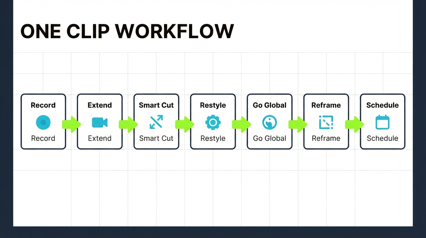 Reel Remix one-clip workflow from Record to Extend, Smart Cut, Restyle, Go Global, Reframe, and Schedule