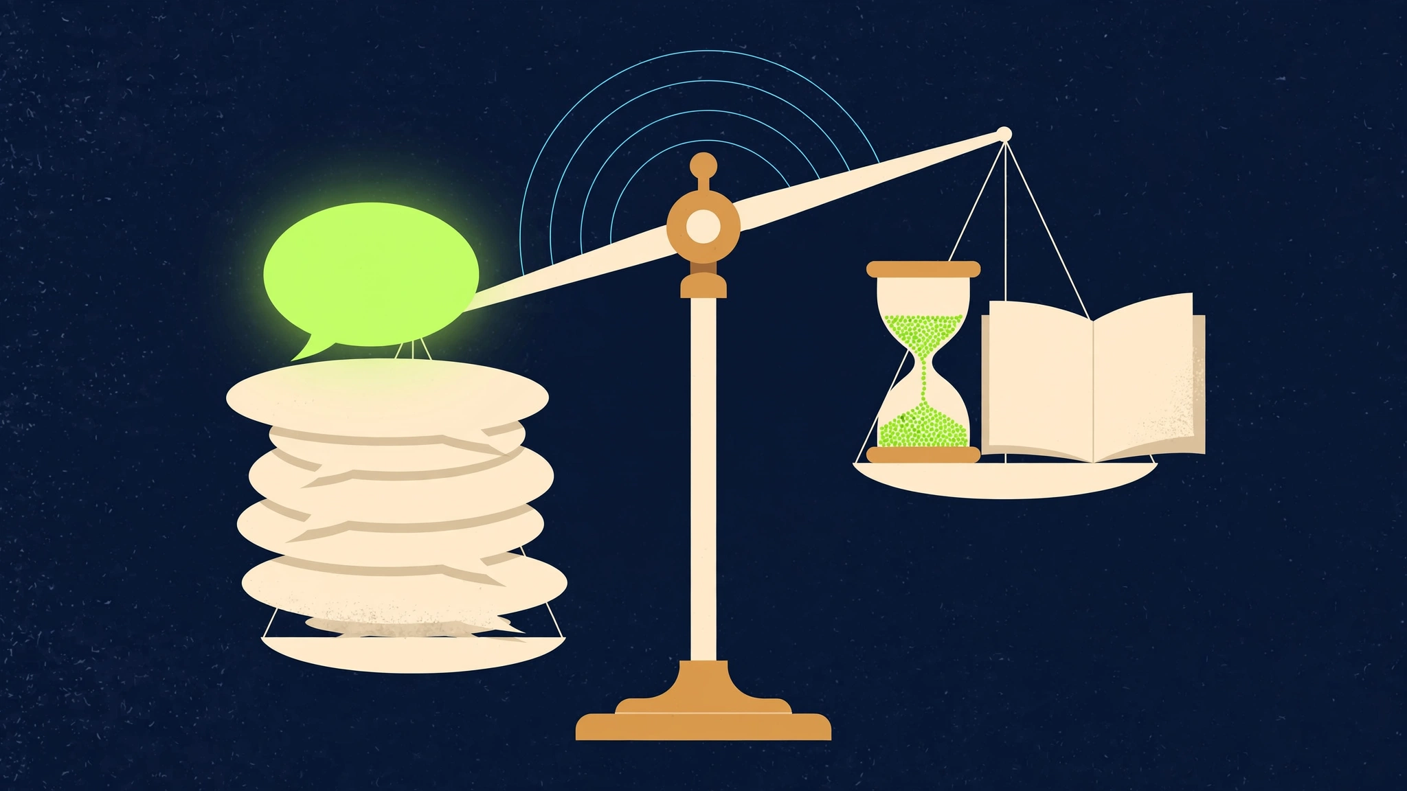 Conceptual illustration of a balance scale weighing a stack of speech bubbles against an hourglass and an open notebook