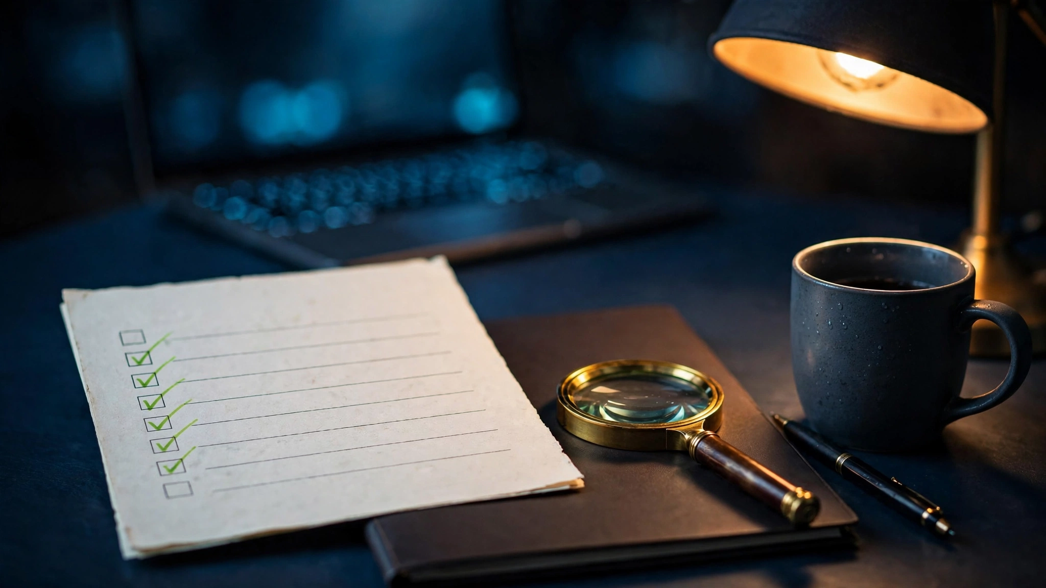 Night desk with a paper checklist of lime check marks, a brass magnifying glass on a closed folder and a lamp