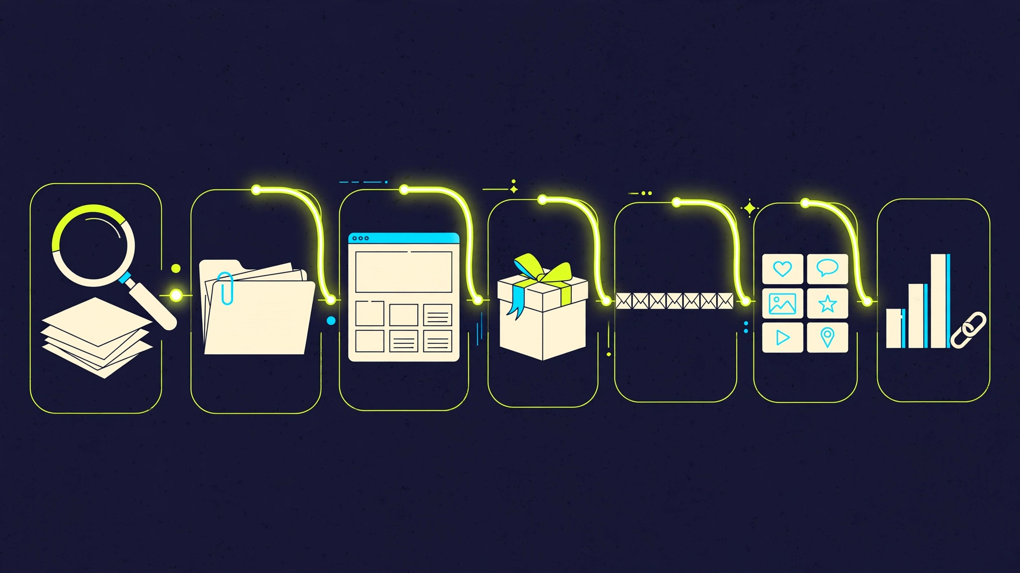 Editorial illustration of a seven-station affiliate campaign assembly line joined by a glowing lime path: offer search, research folder, landing page, bonus gift, email sequence, social post grid and a tracked-link chart