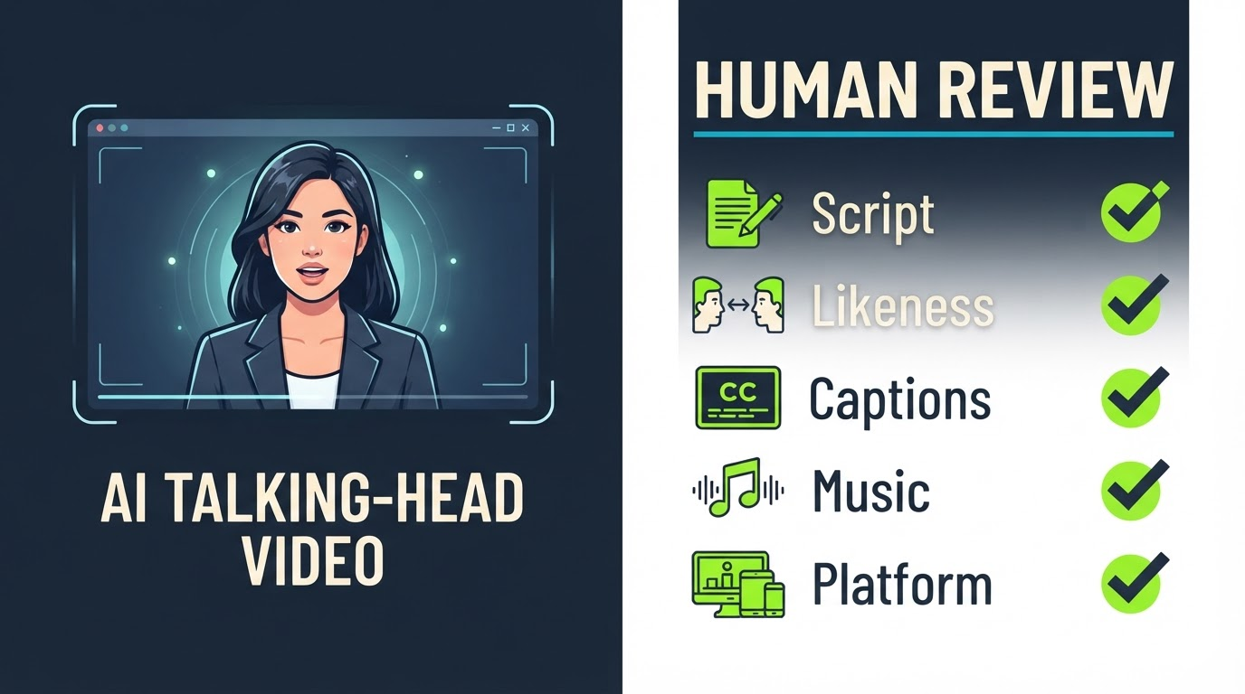 Human review checklist for AI talking-head video covering script accuracy, likeness consent, captions, music rights, and platform fit