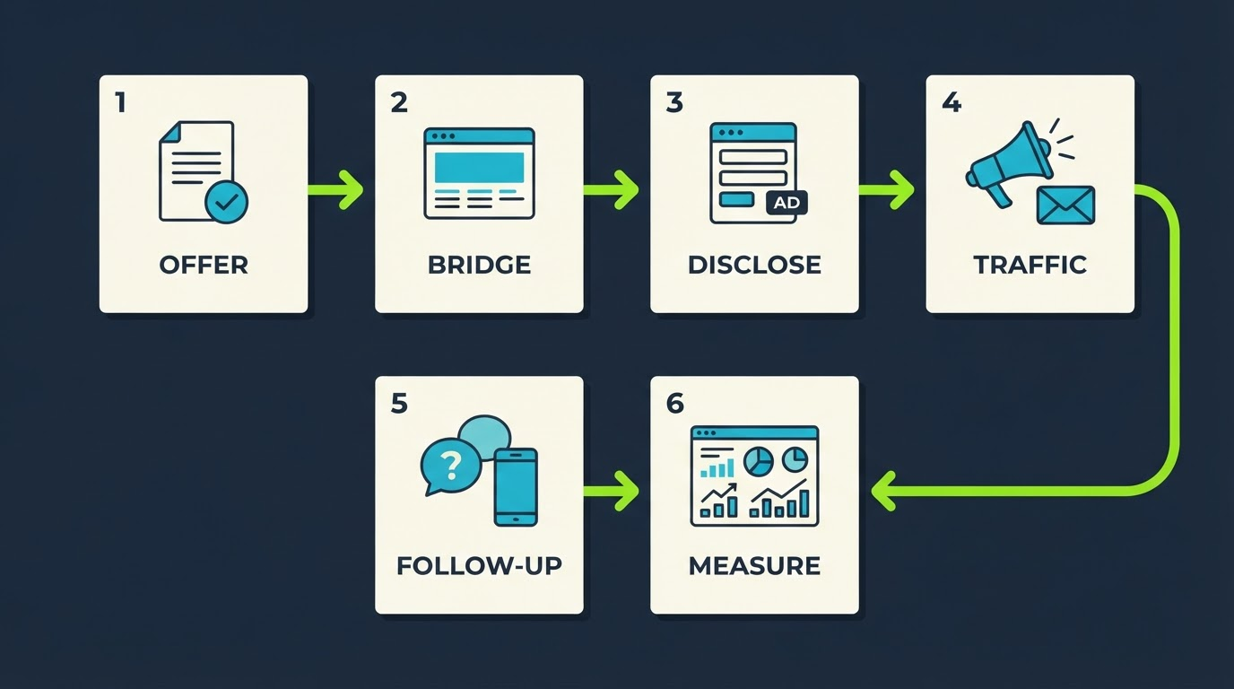 Agentic Affiliate campaign workflow from offer URL to bridge page, disclosure, traffic pack, follow-up, and measurement