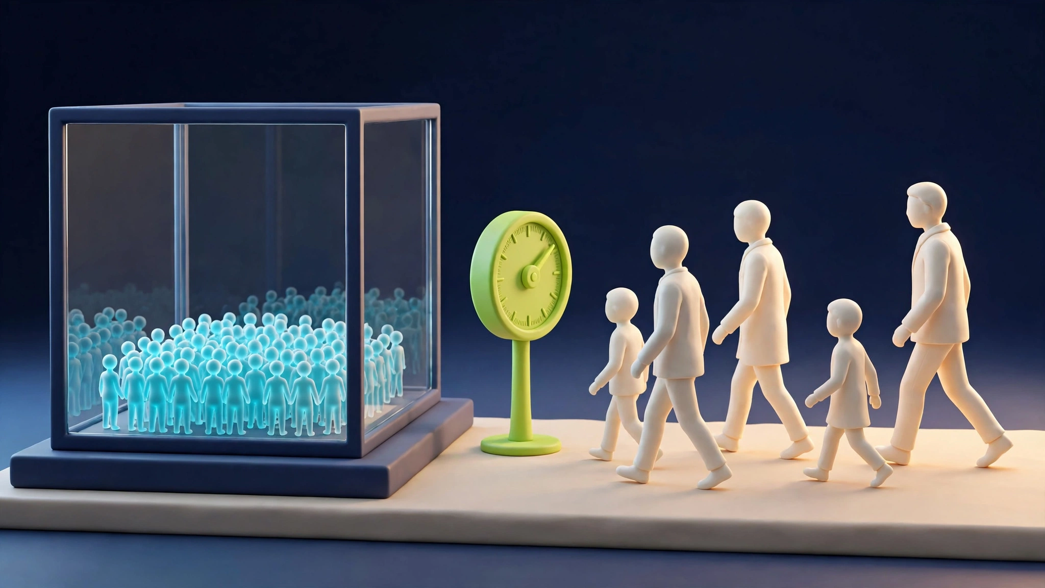 3D clay-style diorama contrasting a glass case of identical blue simulated figures with a group of varied ivory figures walking in open space