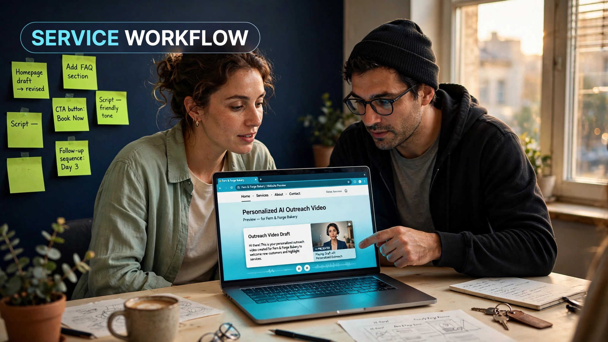 Web designer and local business owner reviewing a personalized AI outreach video as a service workflow, not an income promise