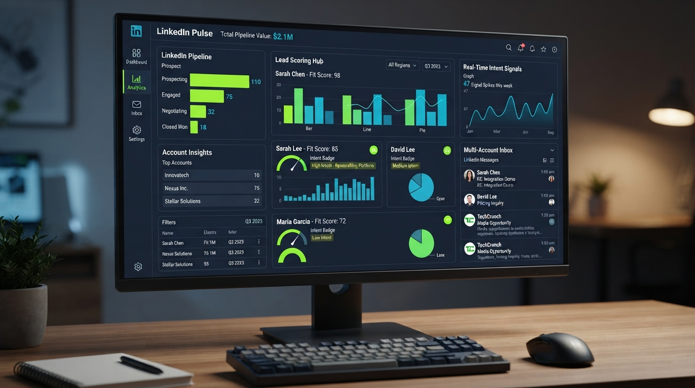 IntentStriker safe automation dashboard with unified inbox and pipeline analytics