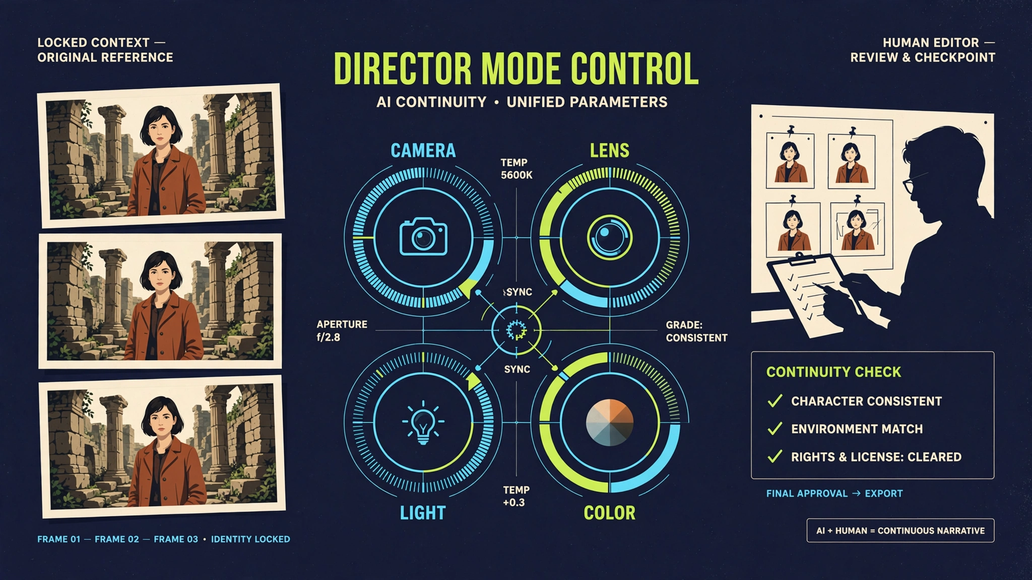 CinemaStudio AI Director Mode continuity graphic with locked characters, camera, lens, light, color, and human review