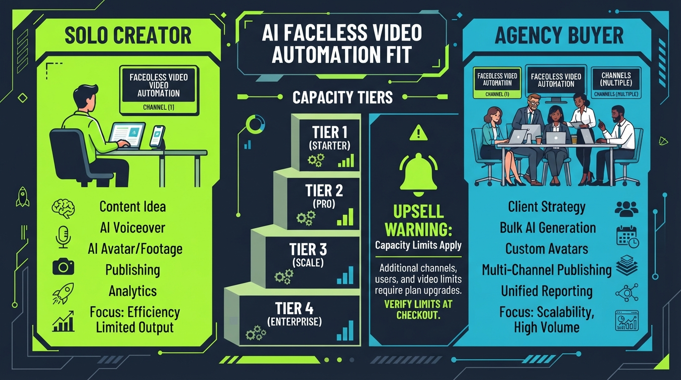Solo creator vs agency buyer fit showing capacity tiers and verify limits guidance