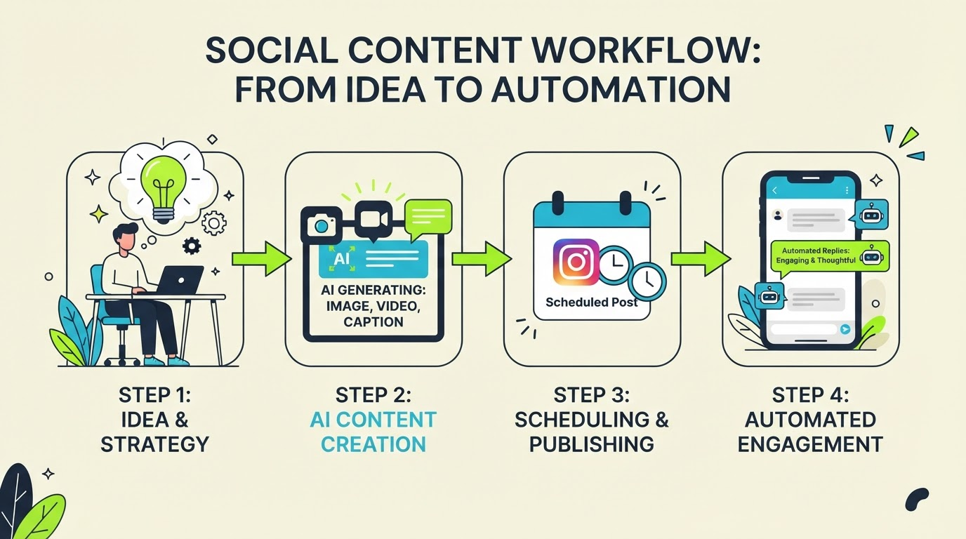 Workflow diagram idea to AI content to scheduled post to comment replies in navy lime cyan