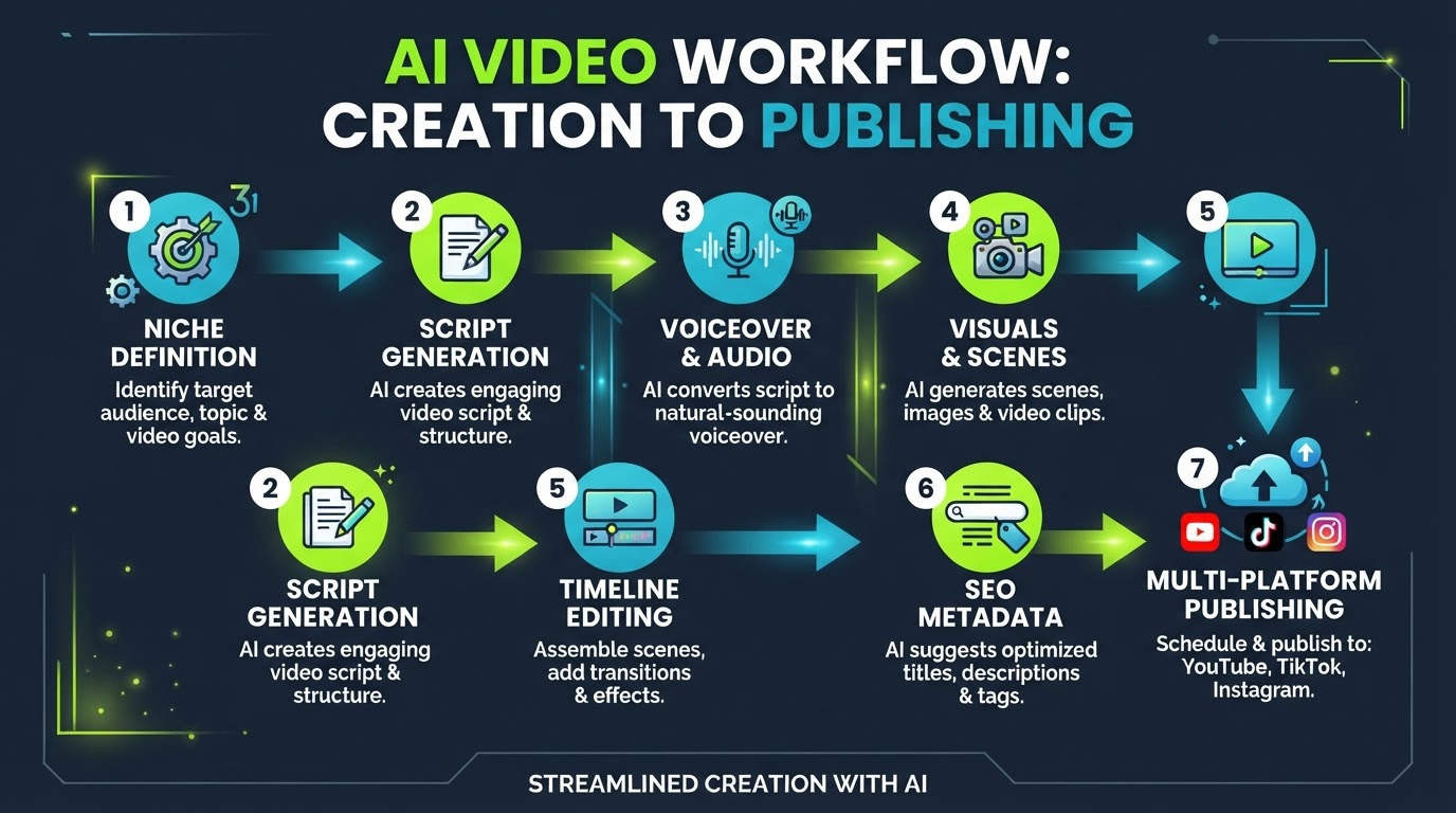 MagicFlixAI workflow from niche to SEO to scheduled publishing