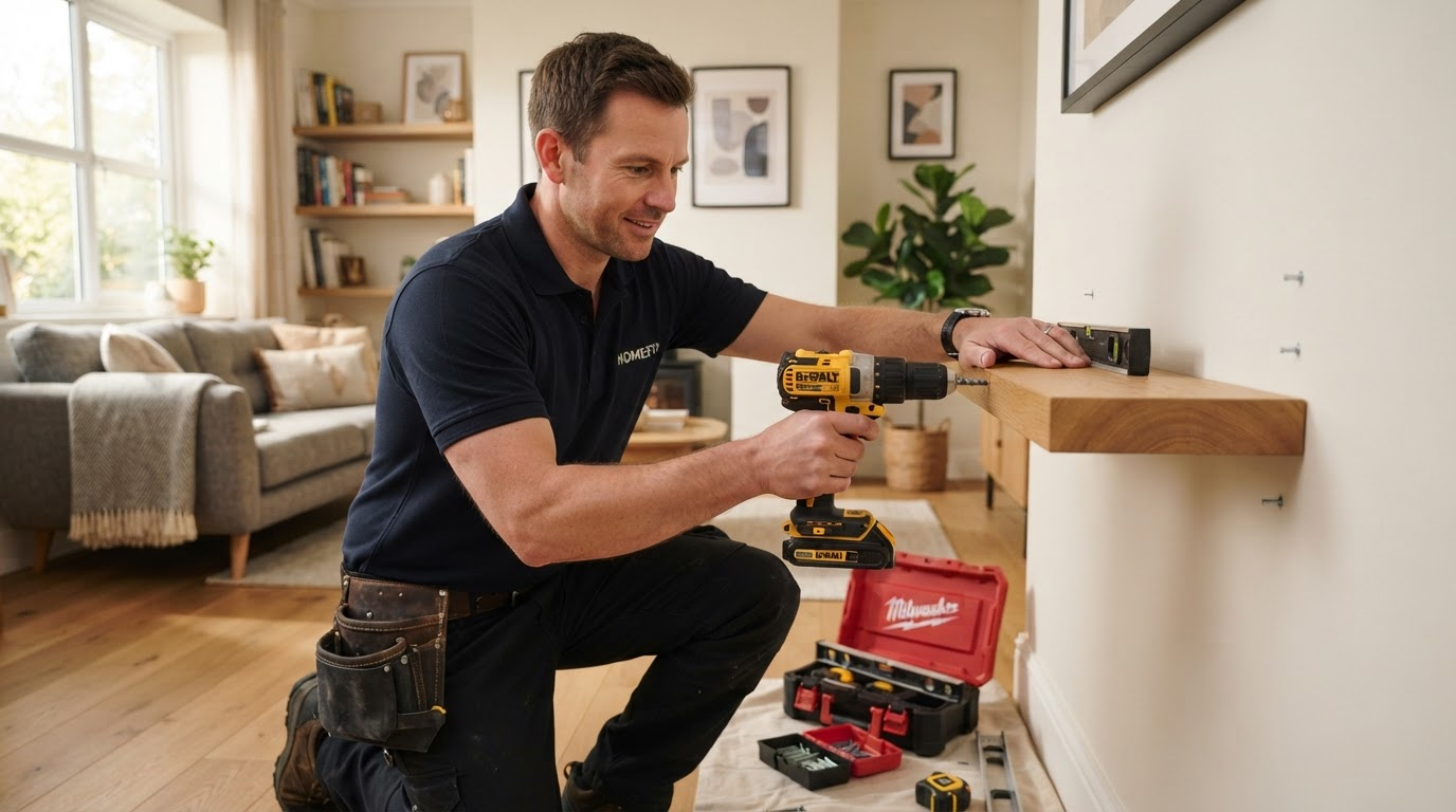 Professional handyman in dark navy polo mounting a shelf carefully in a beautiful residential home interior