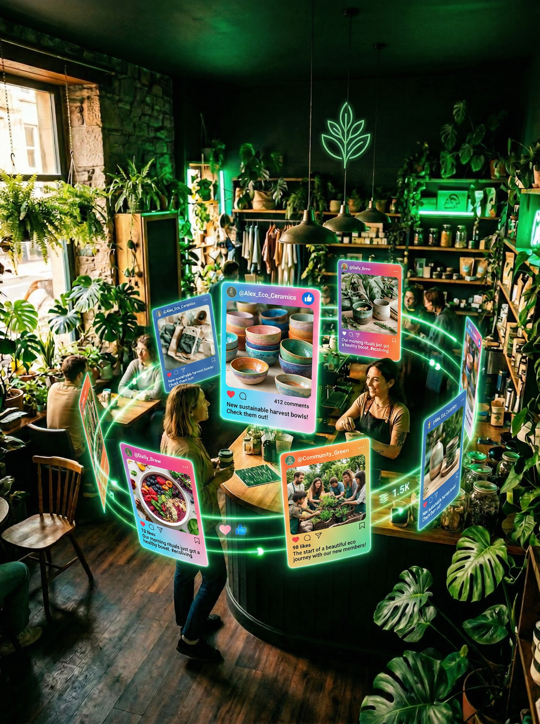 A sustainable eco café with colourful Instagram and Facebook social media posts floating around it