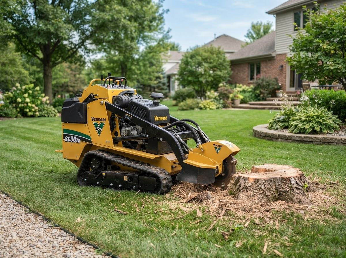 Vermeer SC30TX stump grinder working beside a tree stump in a residential yard