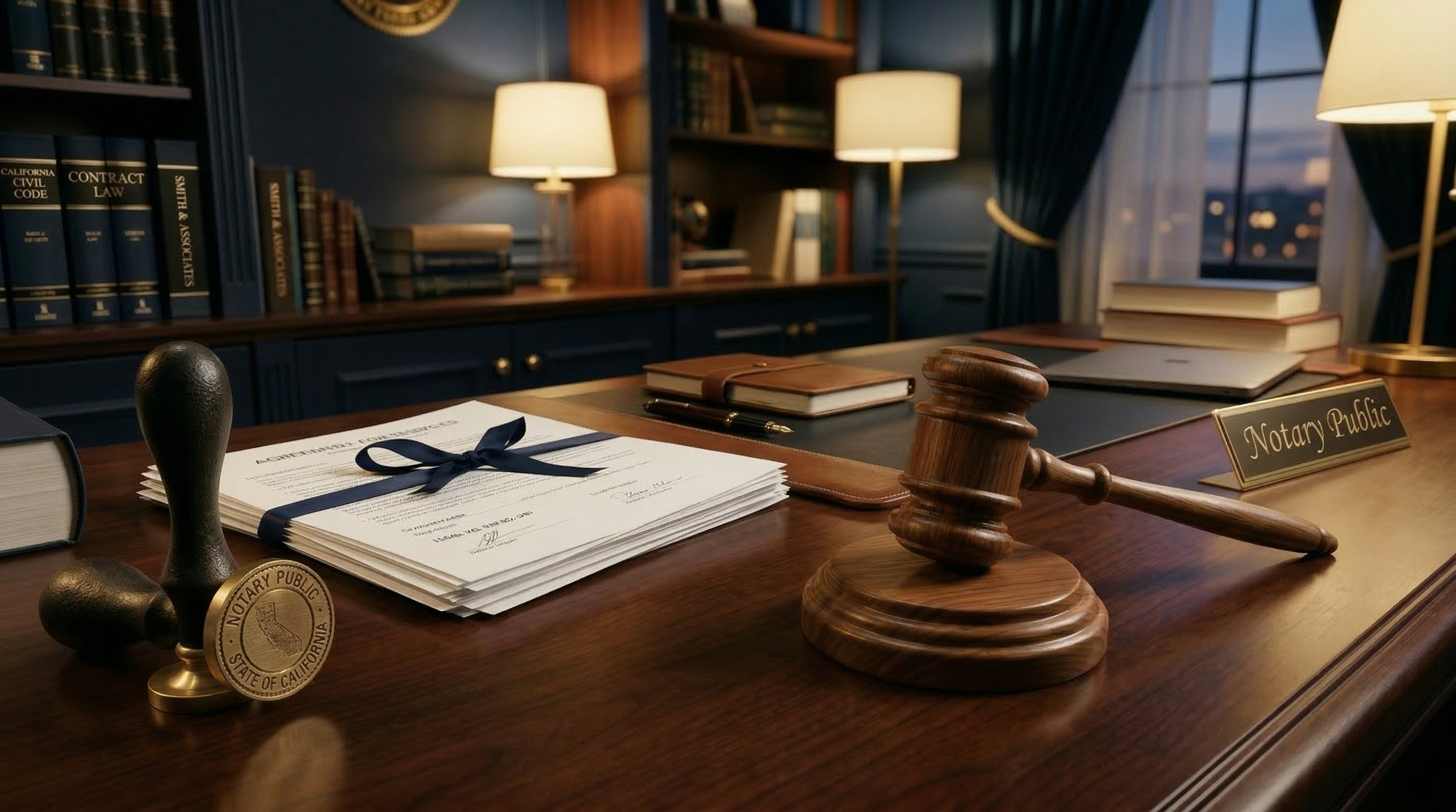 Professional notary public desk with gavel, seal, and legal documents