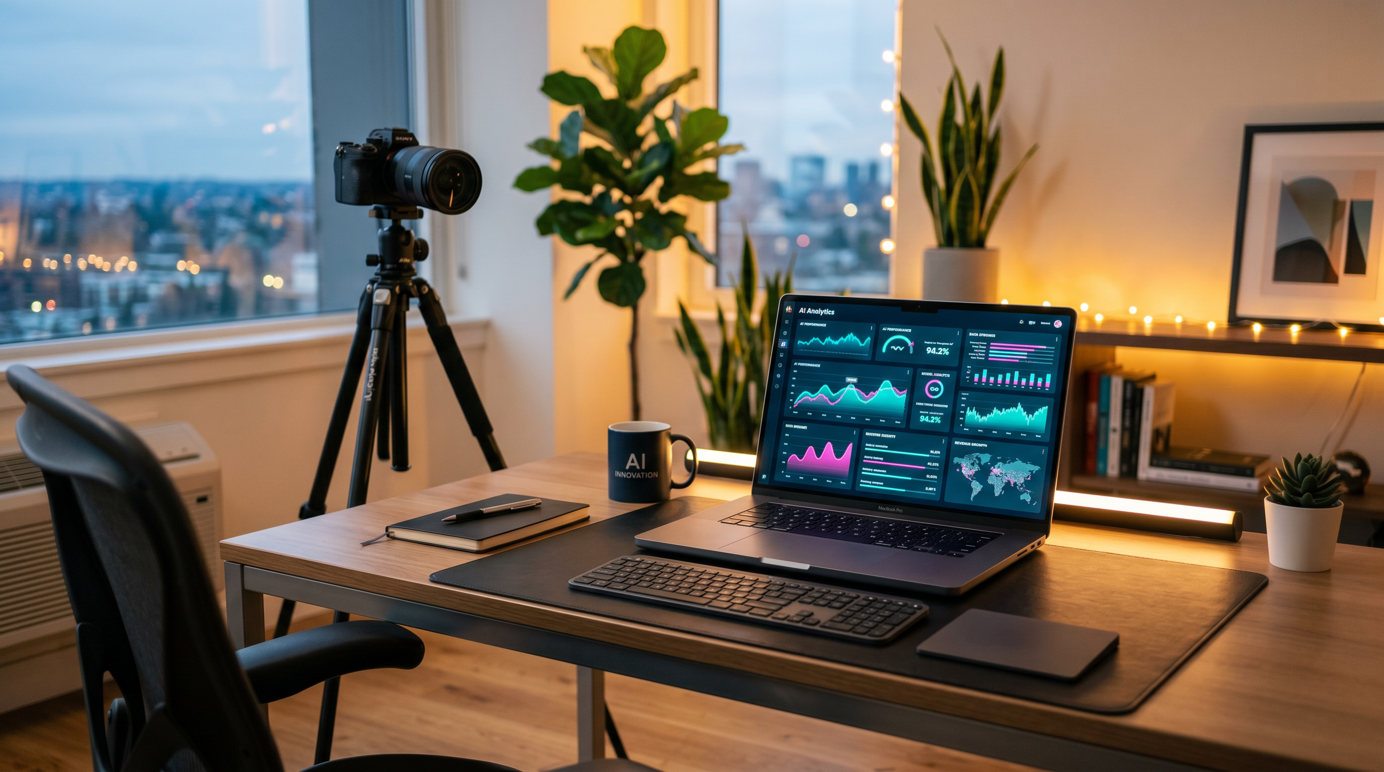 Modern workspace showing digital marketing dashboard