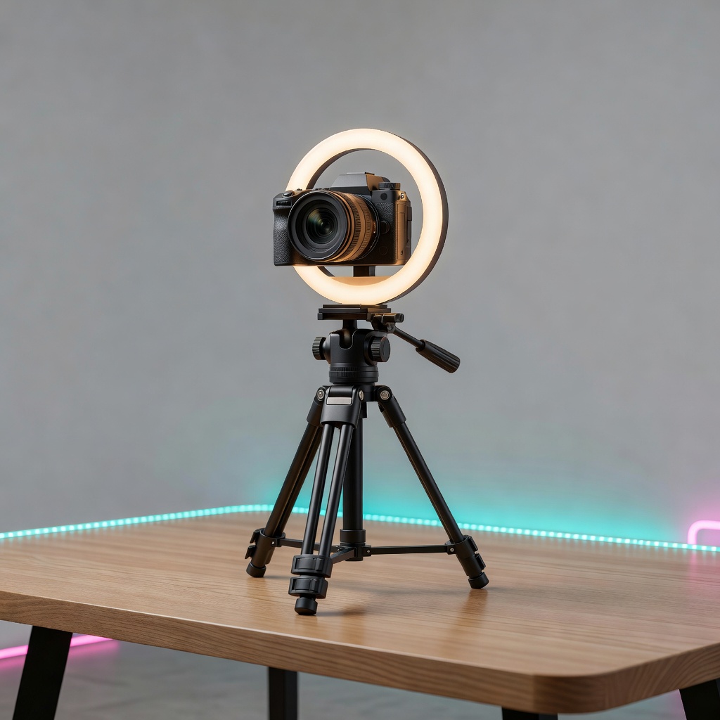 Professional creator recording studio setup with camera and ring light
