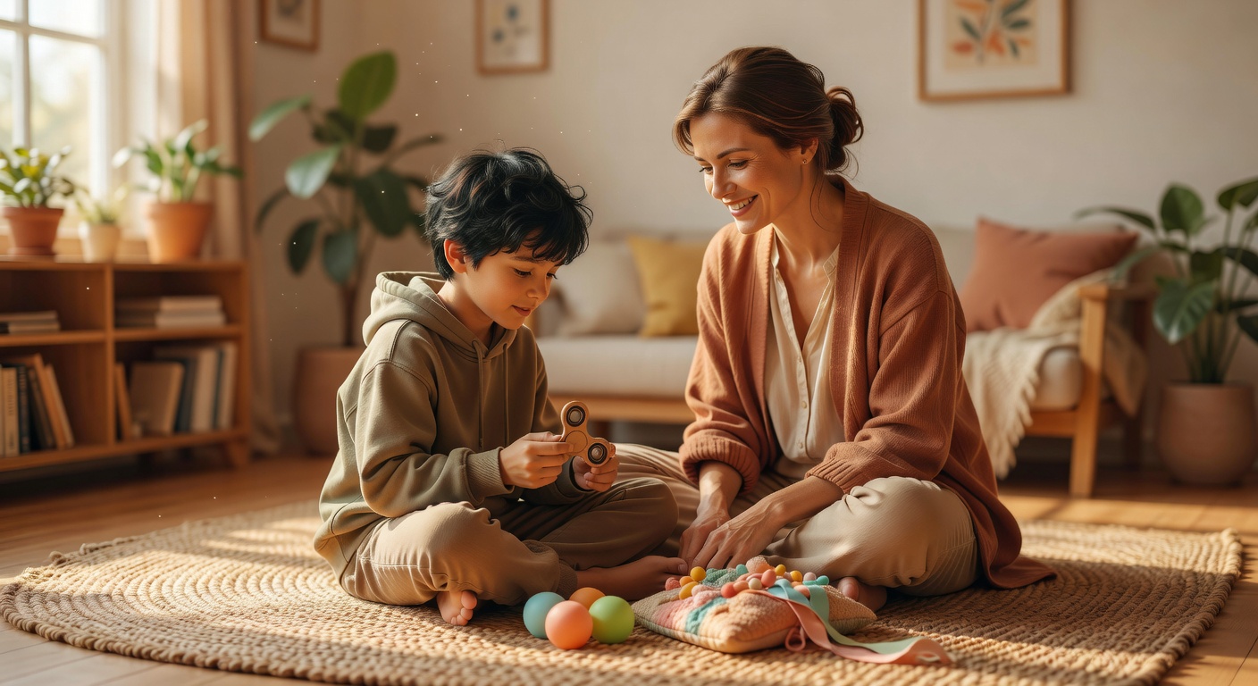 A parent and child playing together with sensory toys