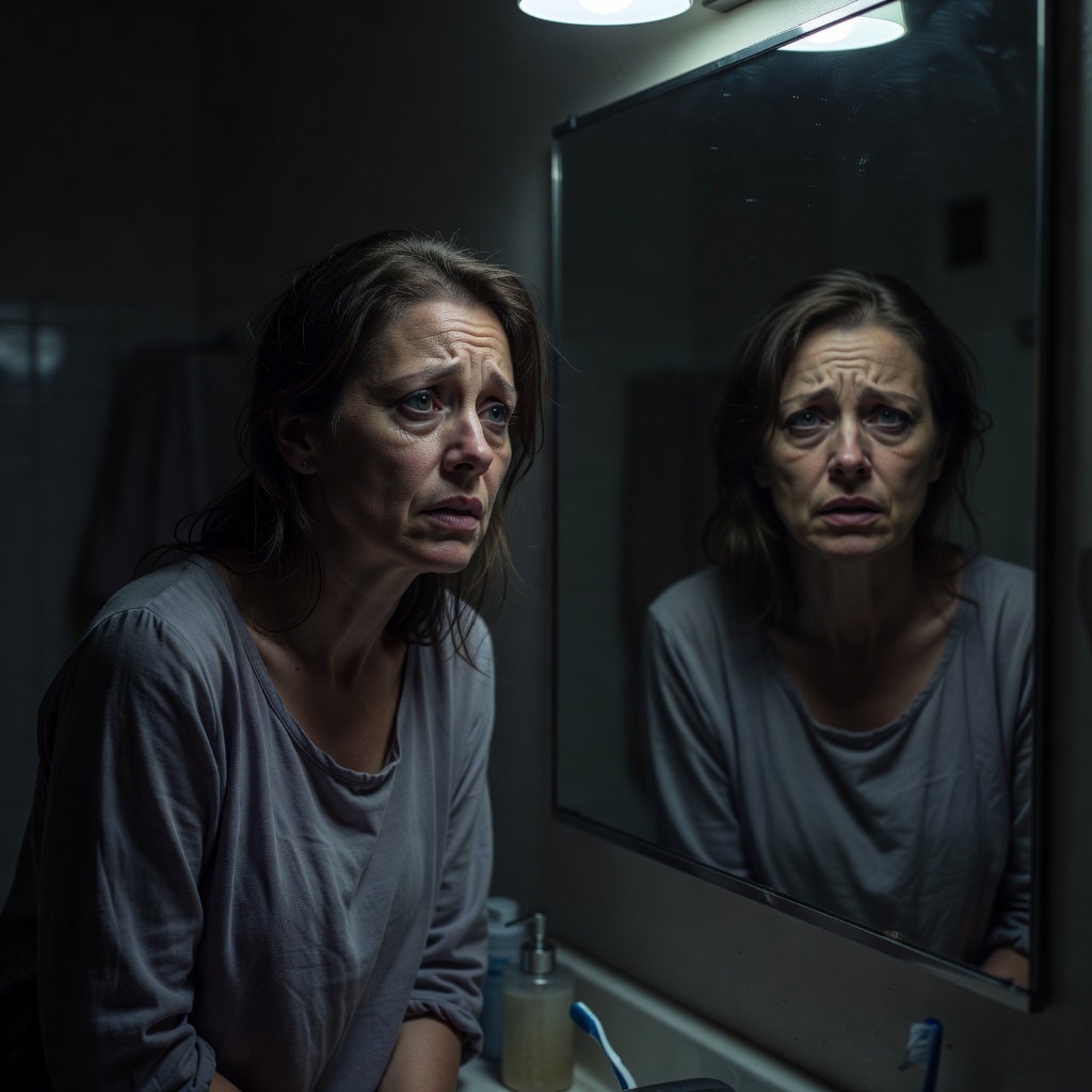 A stressed woman looking in the mirror