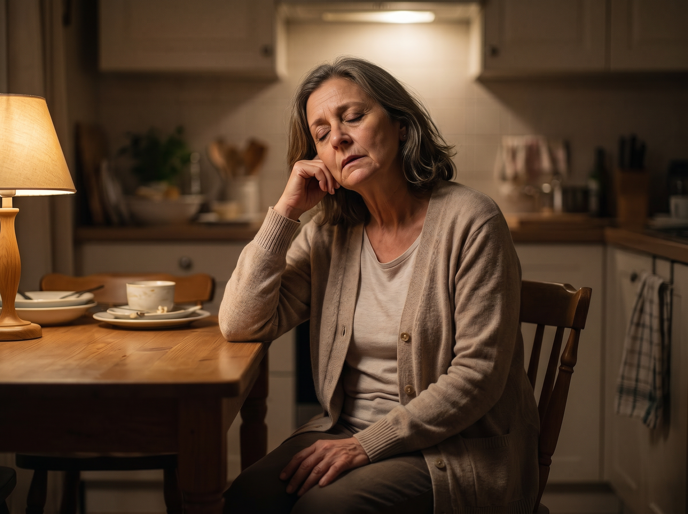 Exhausted woman closing her eyes at home