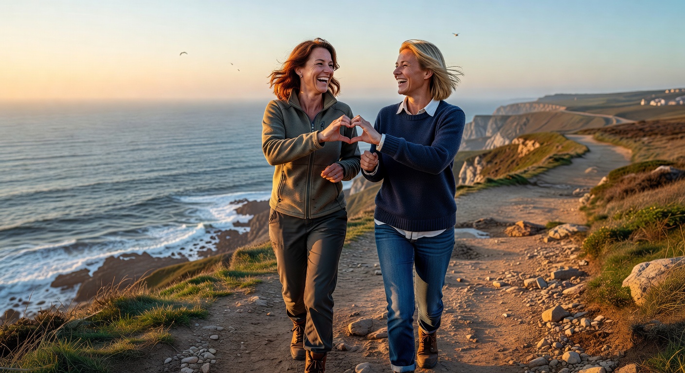 Women walking on coastal path heart hands