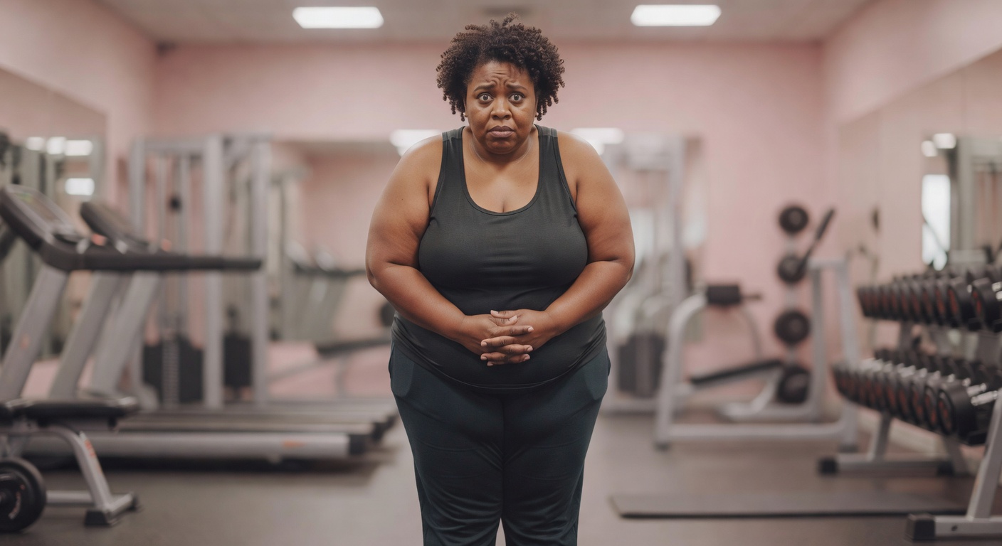 Black woman at the gym feeling nervous about pelvic floor control
