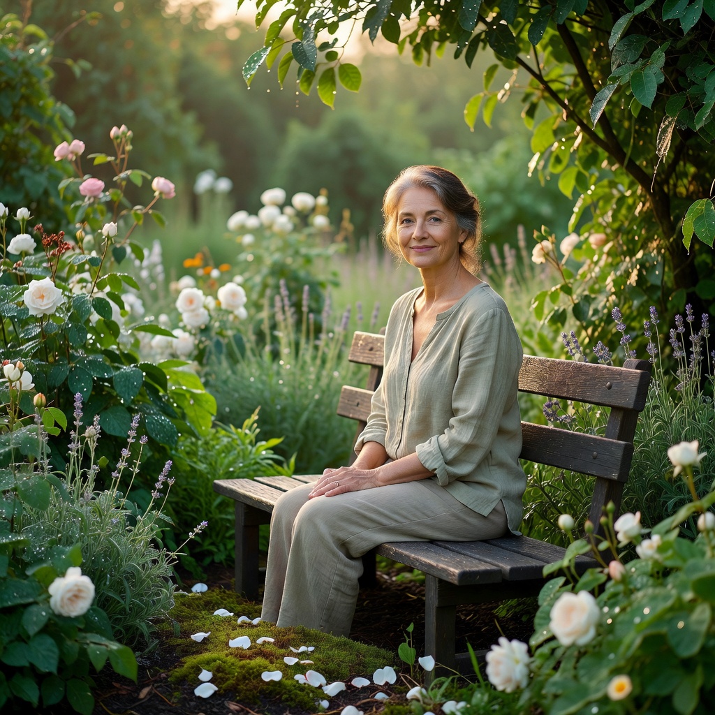 A woman feeling relief in a peaceful garden