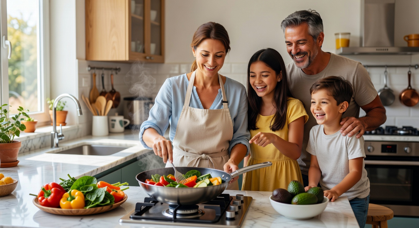 Woman cooking with family