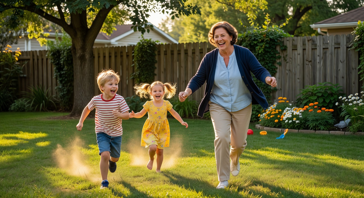 Joyful woman playing with grandkids