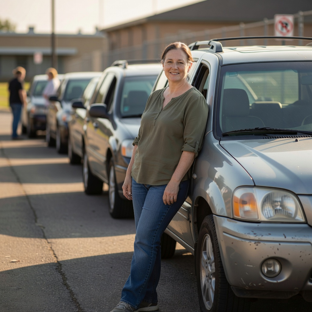 A relatable woman leaning on her car at a school pickup line